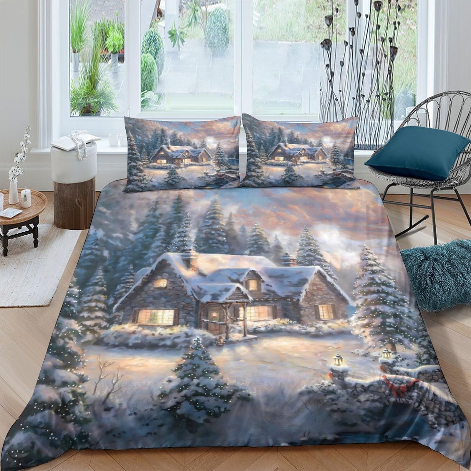 Ctjqhvkz Style-8 3D Printed Snowy Cabin Fitted Sheet Microfiber Soft Winter Forest Bed Cover For Bedroom Guest Room Mattress Protection Single（135X200cm）