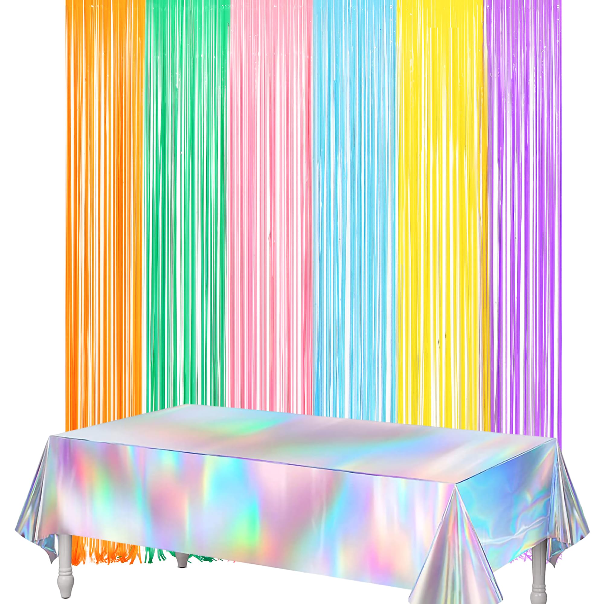 GREATRIL Pastel Foil Fringe Curtains 2 Packs and Iridescent Party Table Cloths 2 Packs for Party Backdrop Decorations