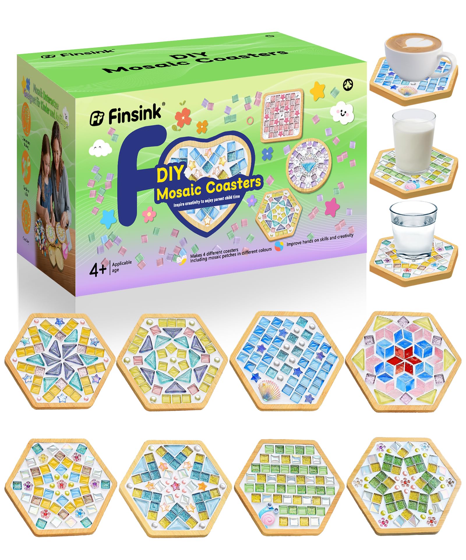 Finsink Mosaik bastelset kinder 8pcs mosaik untersetzer bastelset diy holz untersetzer Set Mosaiksteine zum basteln set Geburtstagsgeschenke für Kinder