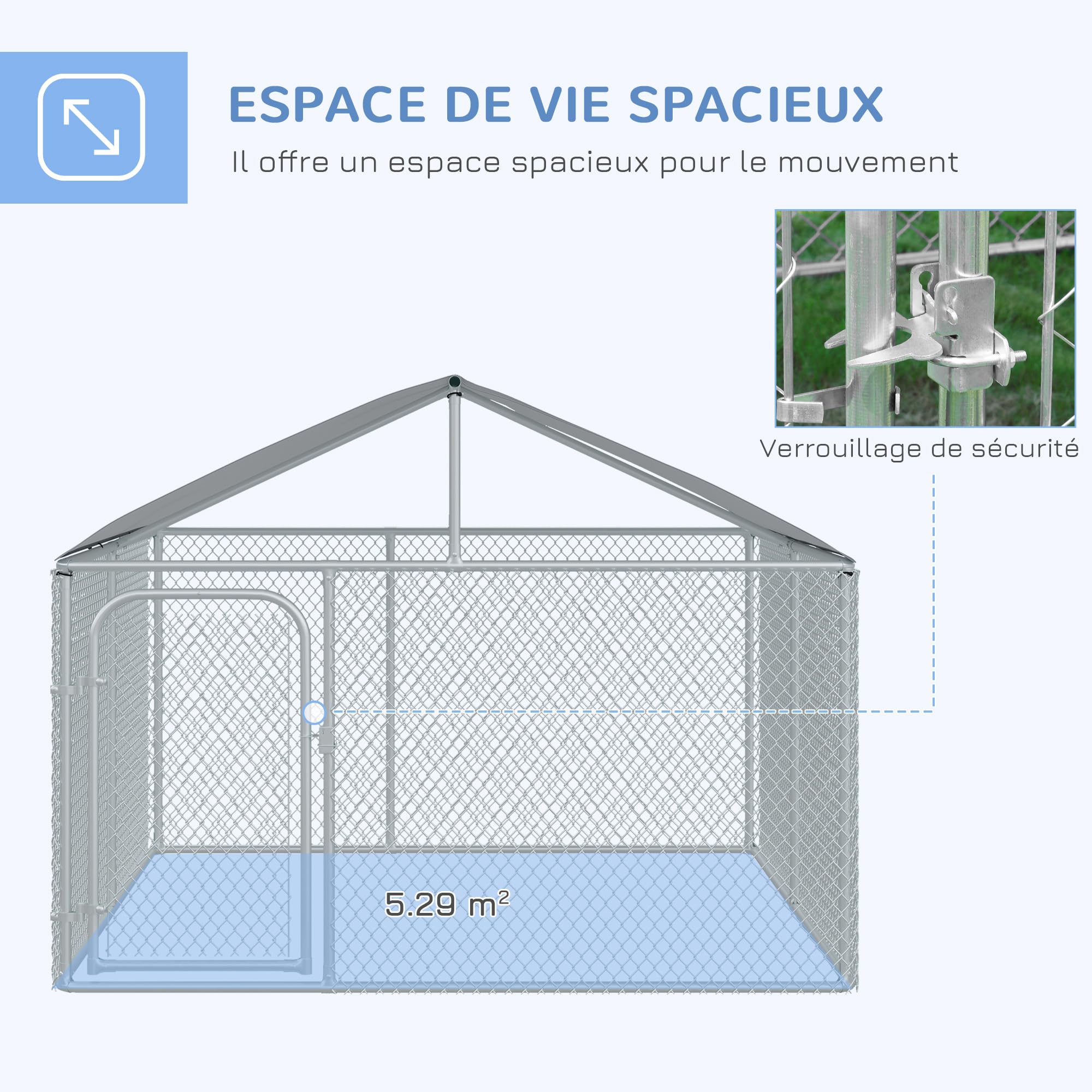 PawHut Chenil extérieur avec Toit pour Chien 5 m² - Parc grillagé 230 x 230 x 175 cm - Espace Couvert - Acier galvanisé