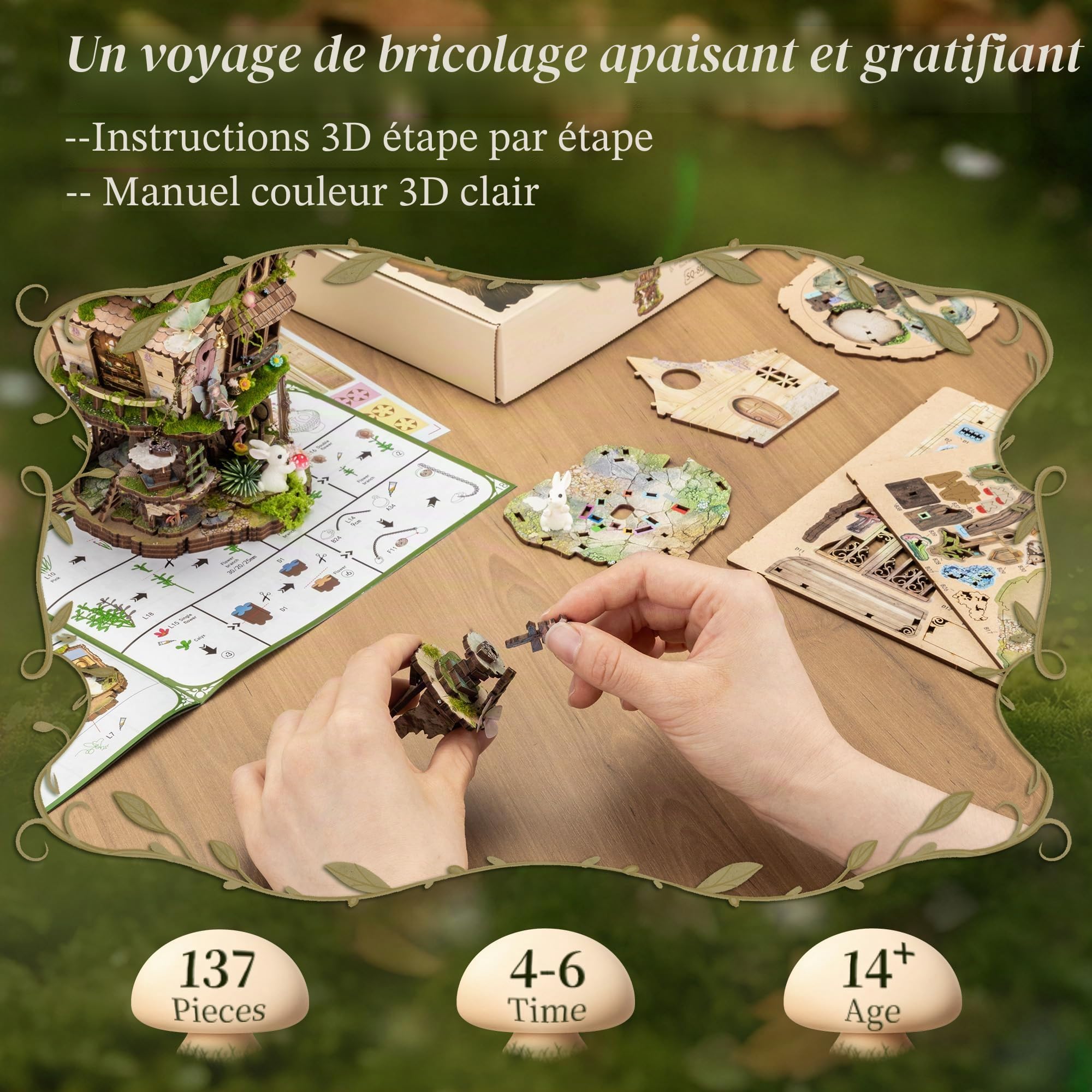 FUNPOLA LED 3D Puzzle Rowan’s Treehouse Kit, Puzzle Miniature Maison de Fée DIY avec Lumière, Décoration de Bibliothèque en Bois Cadeau pour Adultes et Adolescents (A+)