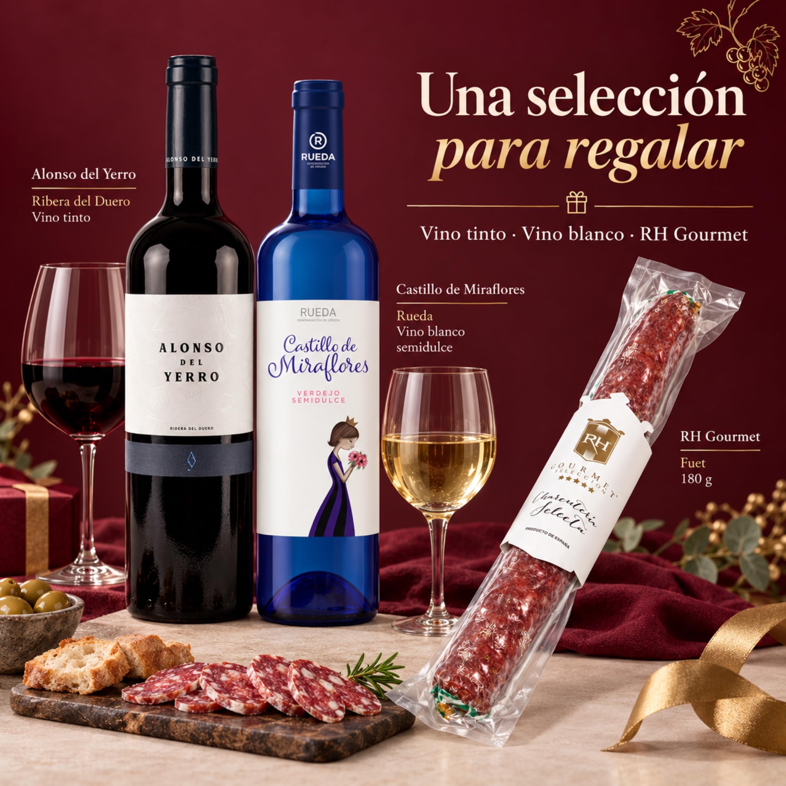 Cesta gourmet Navidad Alonso del Yerro y Castillo de Miraflores con fuet ibérico de bellota 180 g RH Gourmet, pack de 2 botellas 75 cl