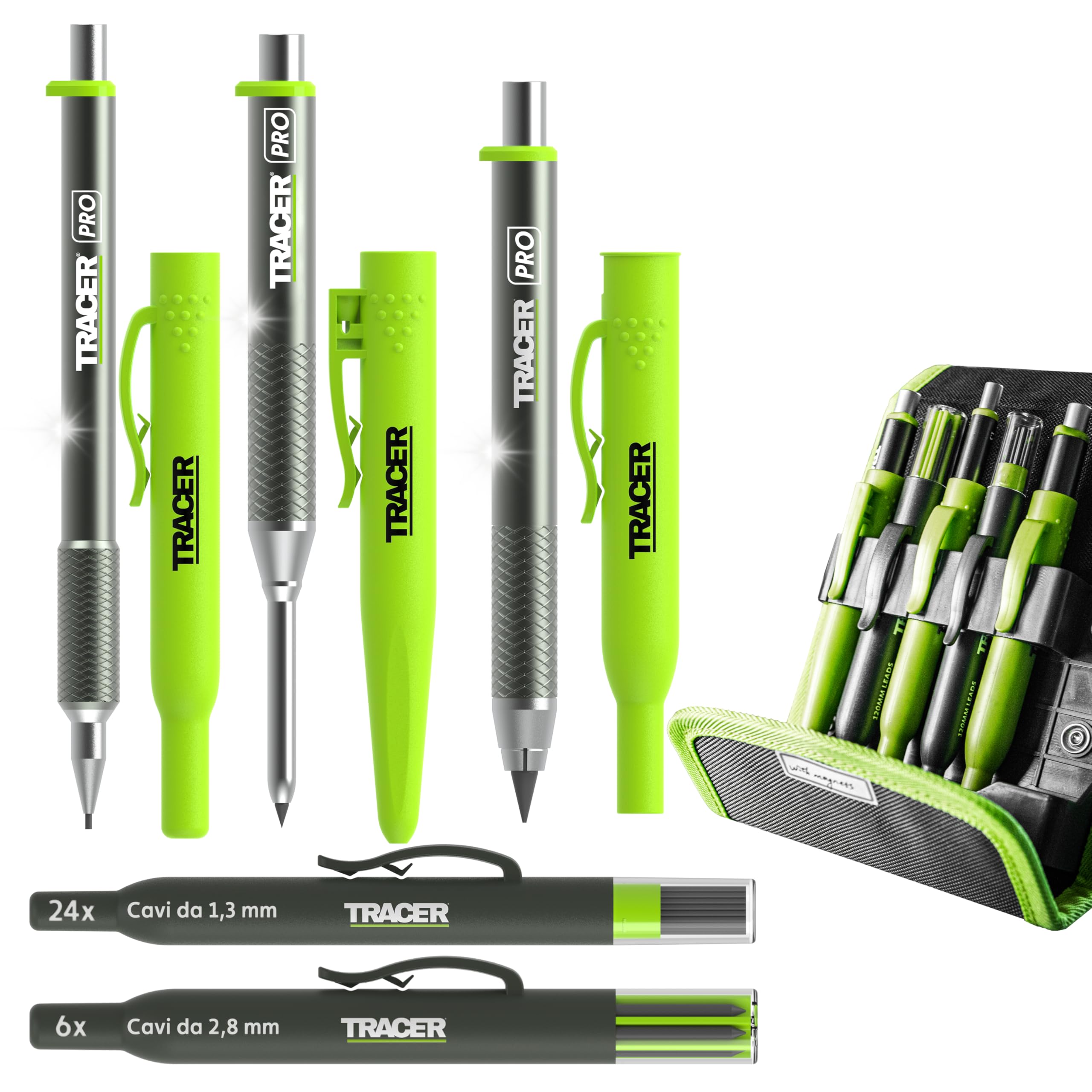 Tracer Pro Series Kit Marcatura Professionale 5 Pezzi | Matita Fori Profondi, Pennarello Costruzione Alluminio + 30 Mine