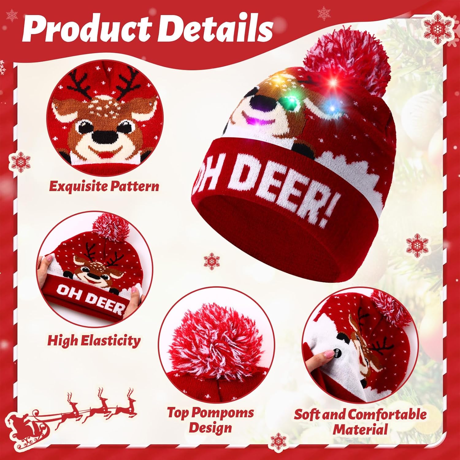 Suhine 16 Pcs LED Christmas Hat, Christmas LED Light up Knitted Beanie Hat Xmas Beanie Cap with Pompom Winter Knitted Hat - Image 3