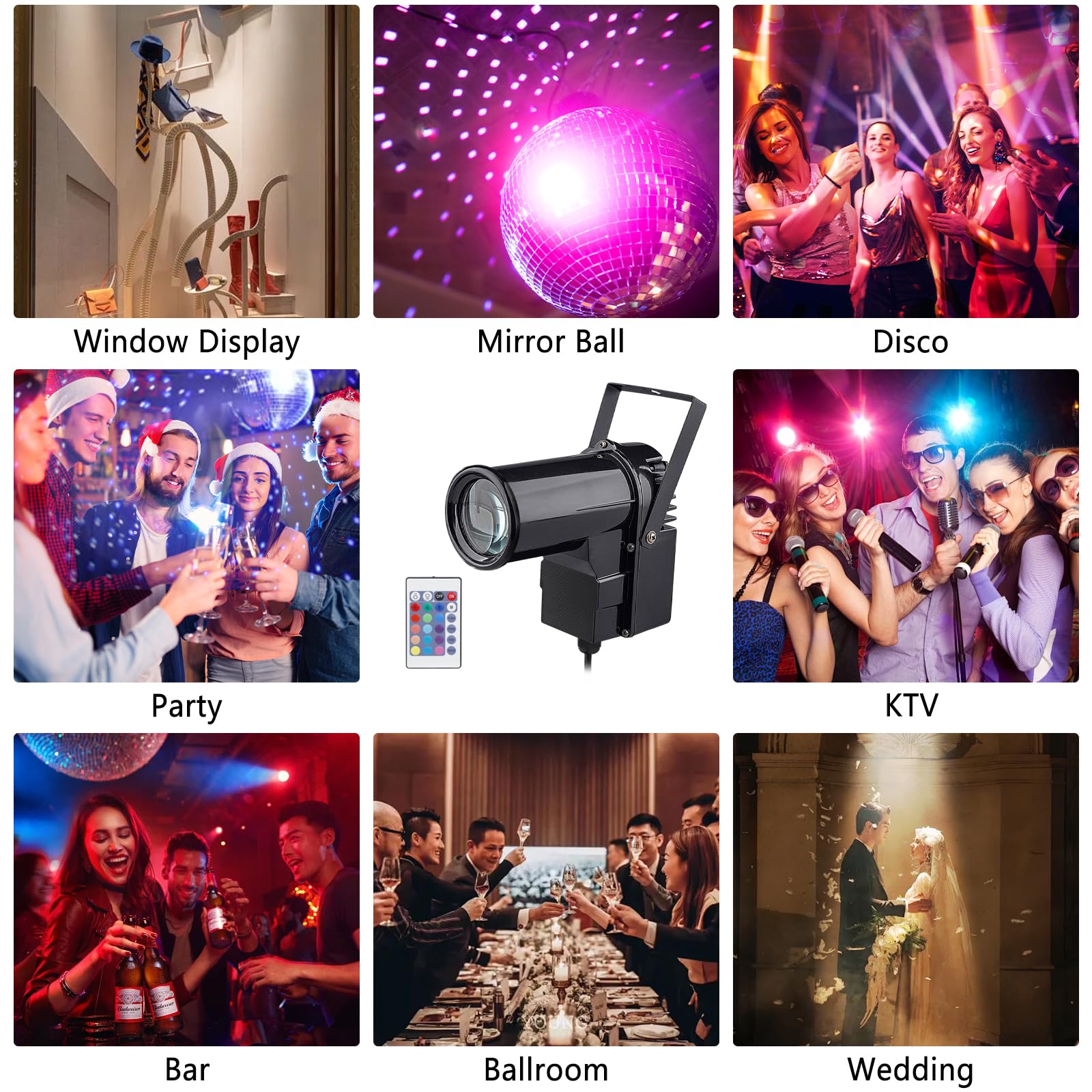 Disco Ball Spotlight, Mini Led RGB Mirror Ball Pin Light, Pequeña luz de punto para juegos de fiesta de la tabla de dardos, Compatible con el control remoto (negro)