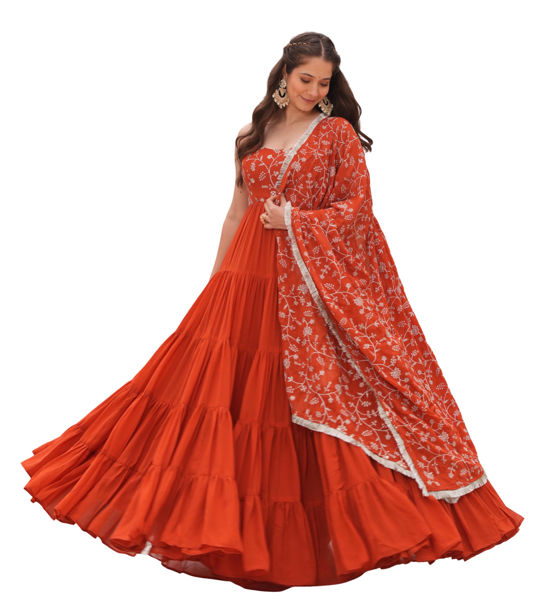 Design a New Fuax Georgette Sleeveless Anarkali Gown with Dupatta 2 Peice Pair for Women | 7 mtr Gown Flair | 54 inch Gown Length-image-16