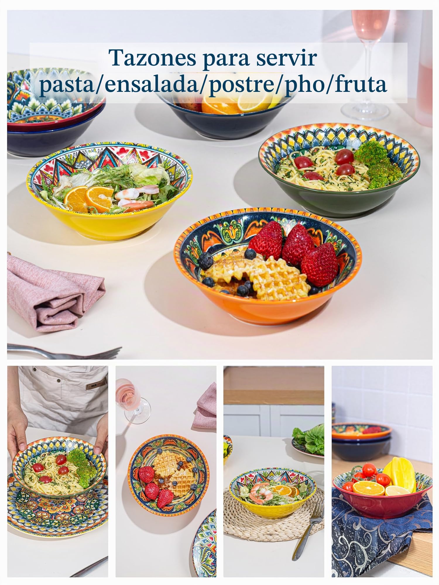 Ensaladeras de Cerámica con 6 Unidades, Cuencos Coloridos para Servir Pasta - 900 ml para cocina, Ensaladeras para Sopa para Fideos, Espaguetis, Ensalada