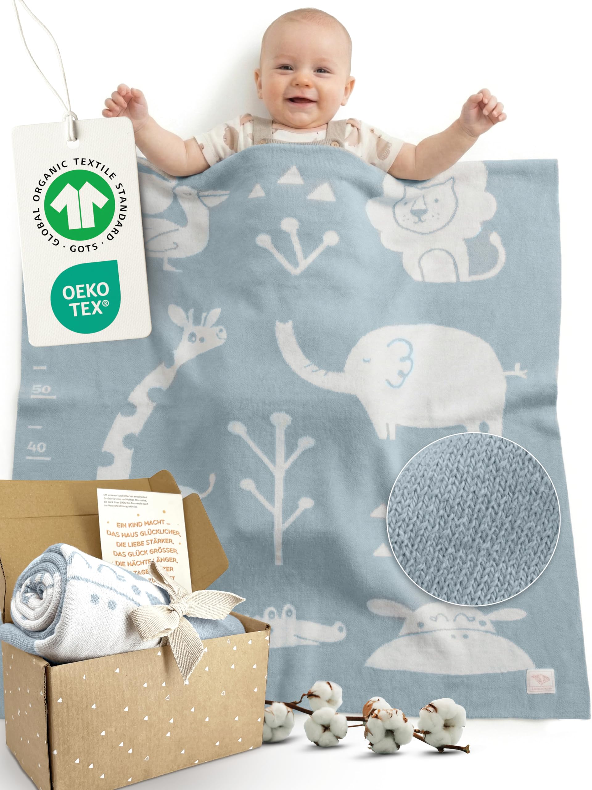 Merle Toys® Premium Babydecke Baumwolle, 100% Bio - GOTS und Oeko-TEX zertifizierte Baby Decke für Neugeborenen mit Wachstumsskala, Geschenk zur Geburt Junge & Mädchen, Kuscheldecke Baby, Delphinblau