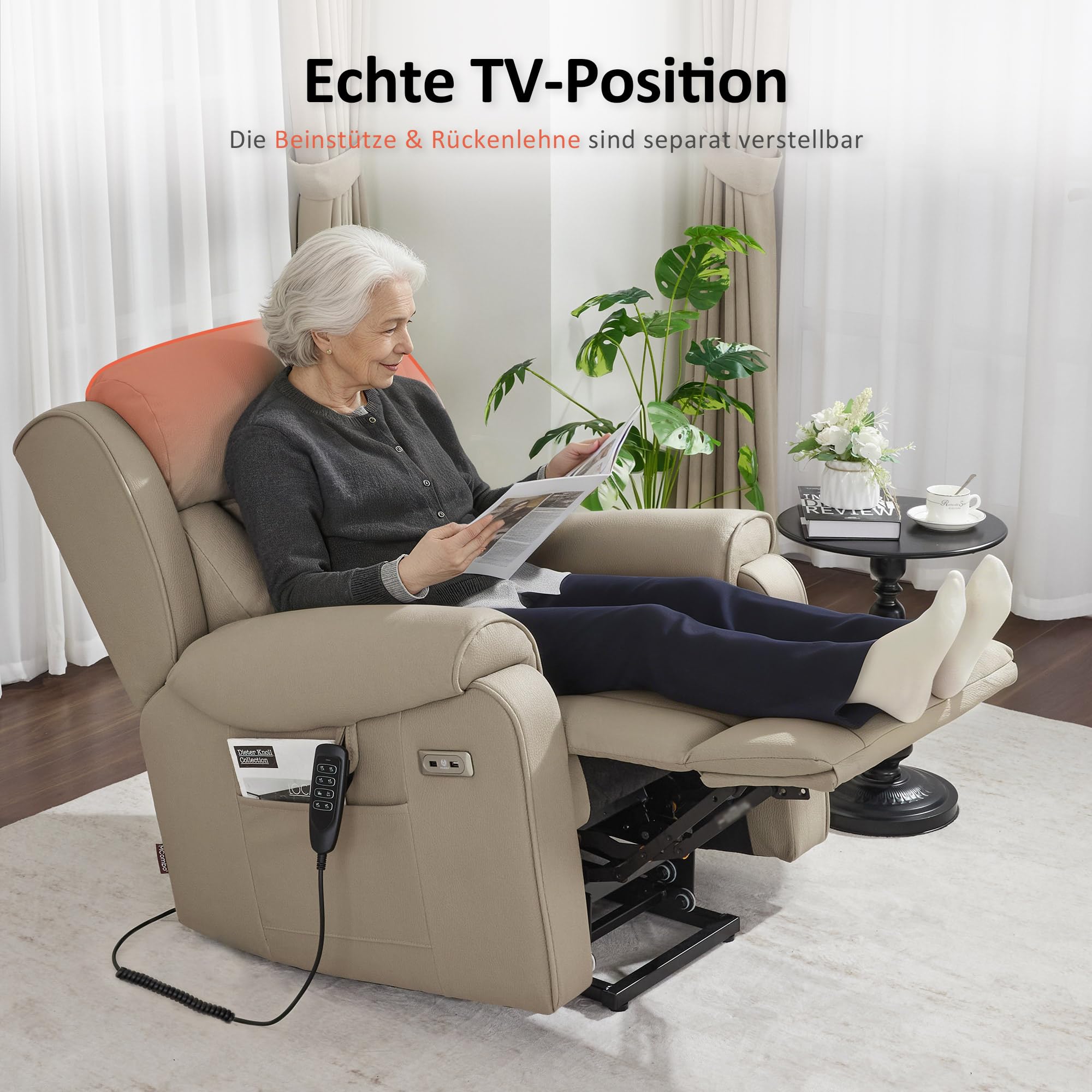 M MCombo Sillón TV 4 Motores con Ayuda para levantarse, eléctrico, Soporte Lumbar y reposacabezas Ajustables, Gravedad Cero 165°, Masaje y calefacción 7558 (Microfibra, Beige marrón)