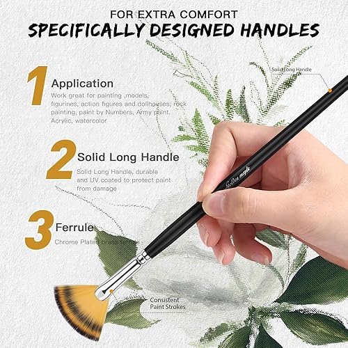 Miniatura 2 de Golden Maple Pinceles de abanico, 3 piezas de pelo de nailon suave antidesprendimiento, abedul de madera de mango largo artista pincel de pintura