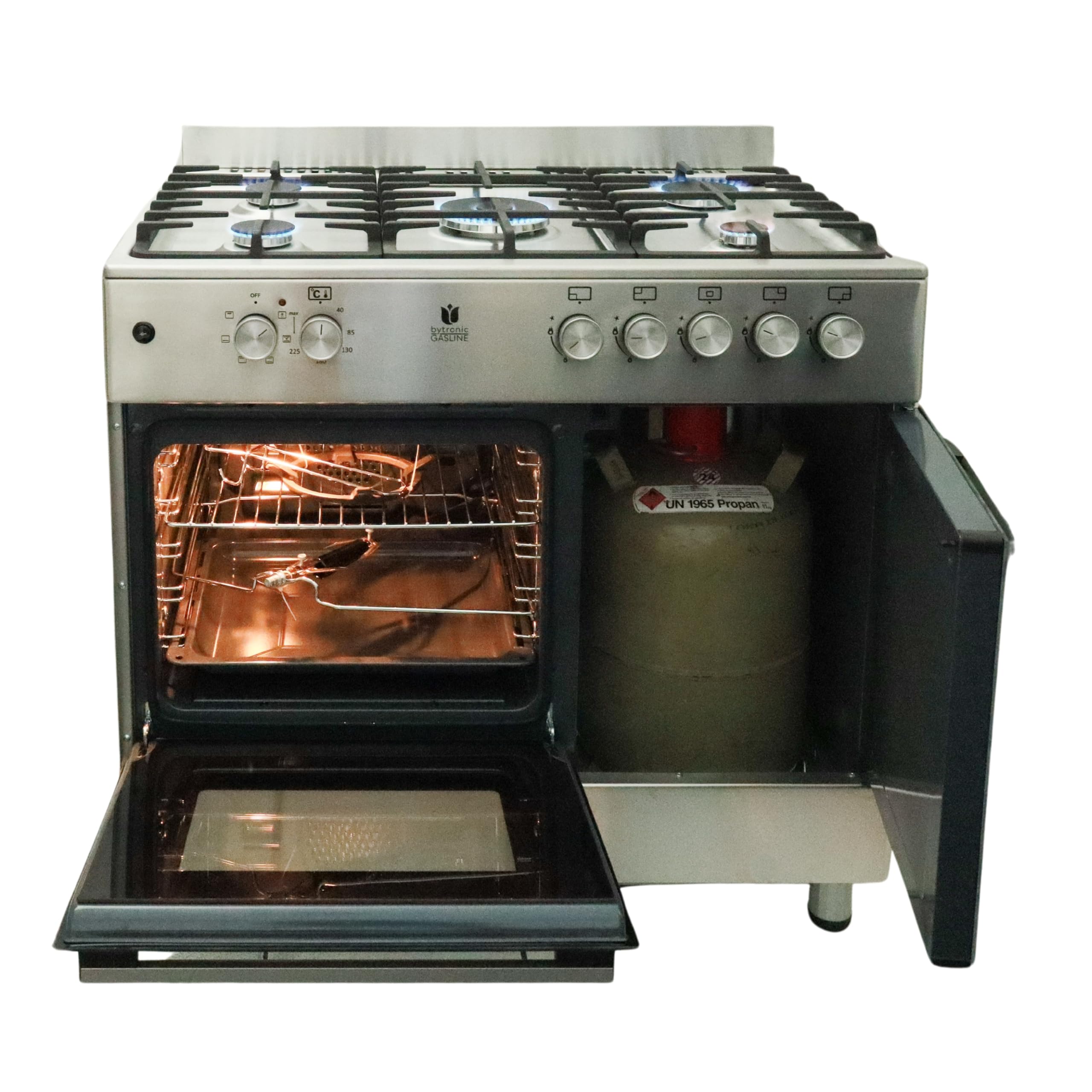 Gasline Gas Standherd mit Elektrobackofen und Flaschenschrank 90cm GAG90GOXFLE Edelstahl, Propan Regler 50Mbar + Gasschlauch