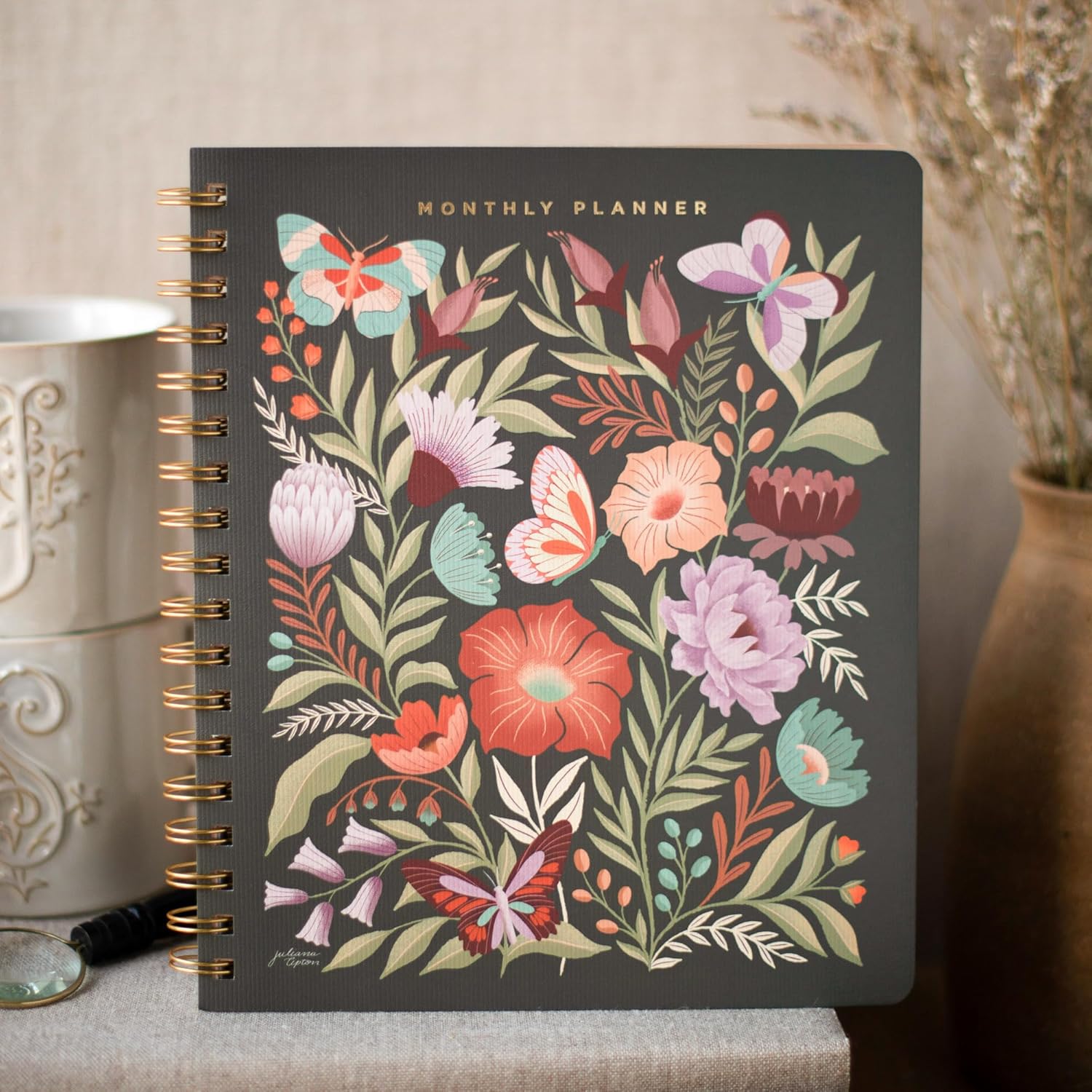 Fringe Studio Paper Cover Non-Dated Monthly Planner W/Pocket & Tab Dividers, "FLOWERS" 8" w x 9.5" h, 160 pages, Juliana Tipton Collection (879PA001FSC)