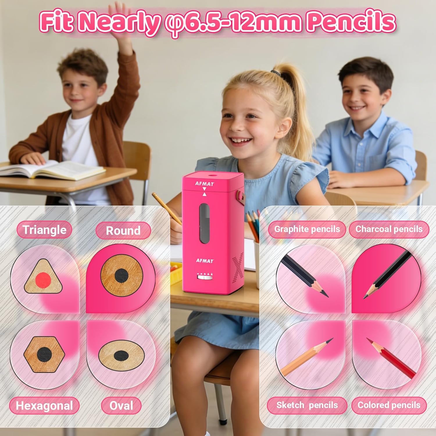 AFMAT Electric Pencil Sharpener, Fully Automatic Pencil Sharpener, Auto in & Out, Rechargeable Hands-Free Sharpeners for Jumbo & Colored Pencils (6.5-12mm), Portable for Home/Classroom/Office PSC6