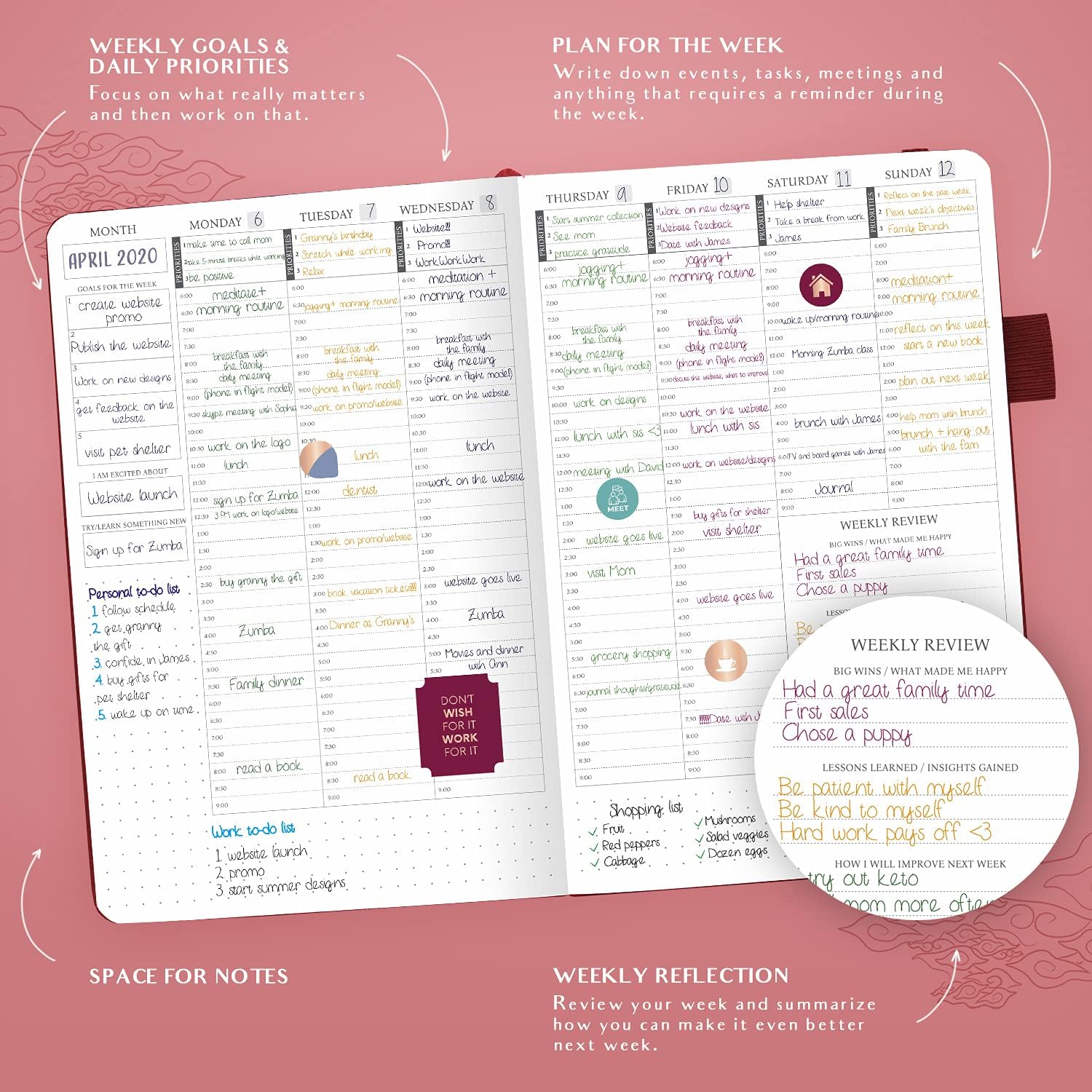 Legend Planner Hourly Schedule - Weekly & Daily Organizer with Time Slots. Appointment Book Journal for Work Undated, A5 (Wine Red) - Image 4