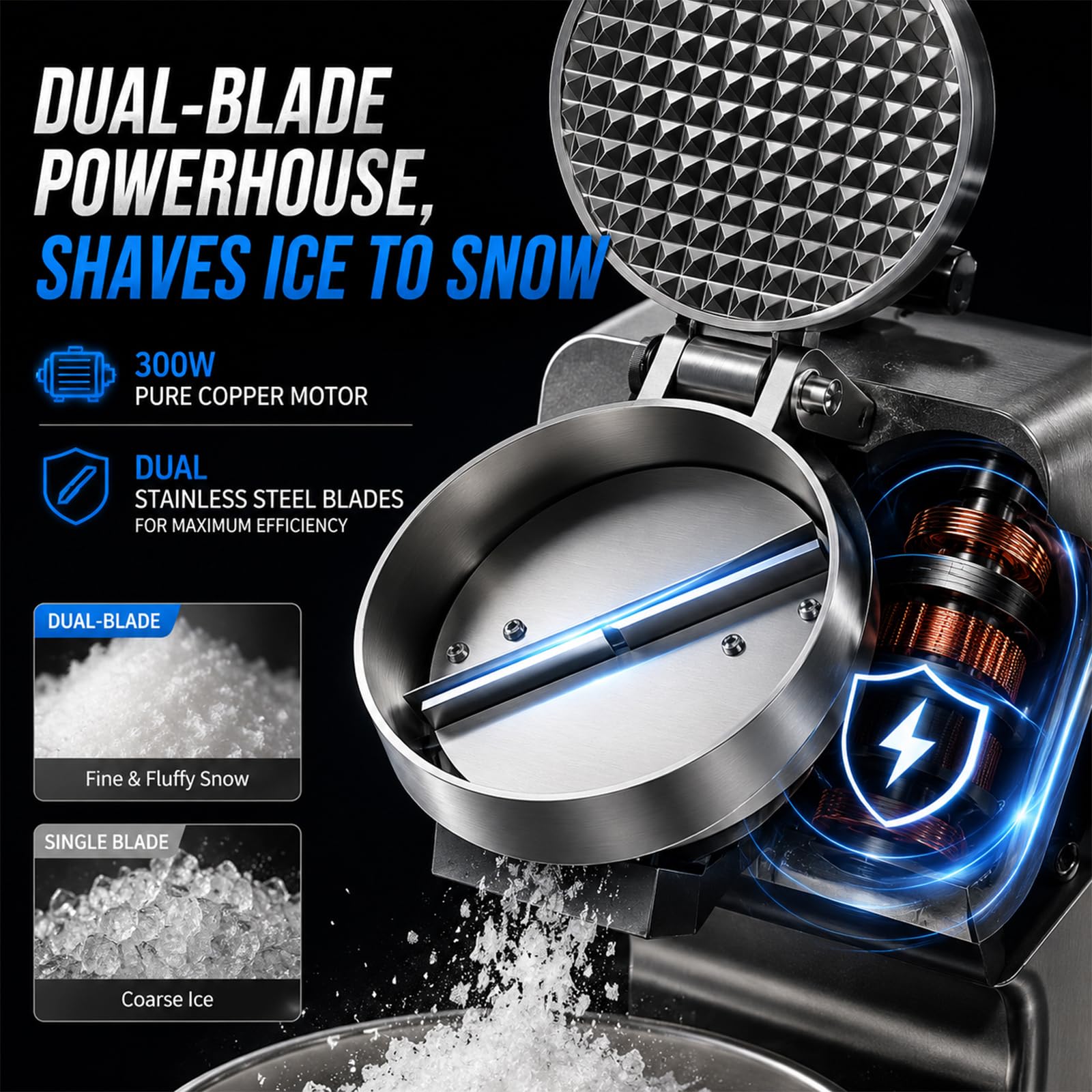 Tritaghiaccio elettrico Macchina per la creazione di coni di neve per uso domestico e commerciale, Aggiorna uscita ghiaccio 16 cm di altezza, doppie lame, 65 kg/h, 300 W/2000 giri/min, argento