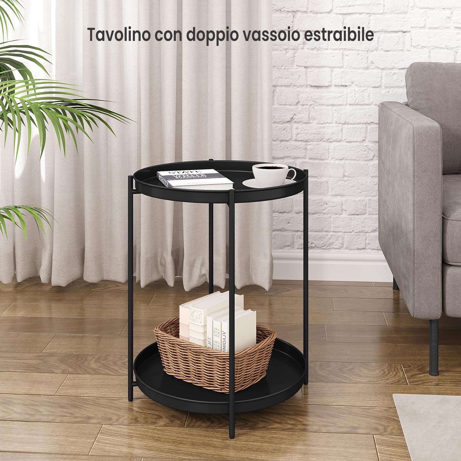 WOLTU Tavolino Salotto Rotondo, Tavolino da Divano con 2 Ripiani Rimovibili, Tavolino Basso, Comodino, Tavolino Laterale per Soggiorno, Camera da Letto, in Metallo, Nero, BTS17sz