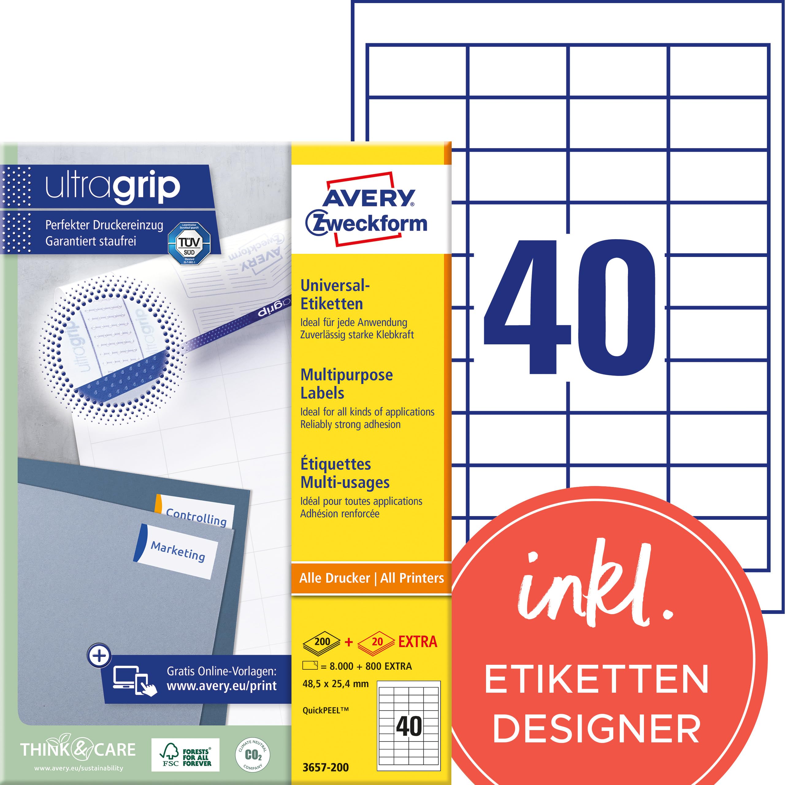 AVERY Zweckform 3657-200 Universal Etiketten (8.000 plus 800 Klebeetiketten extra, 48,5x25,4mm auf A4, Papier matt, individuell bedruckbar, selbstklebende Aufkleber mit ultragrip) 220 , weiß