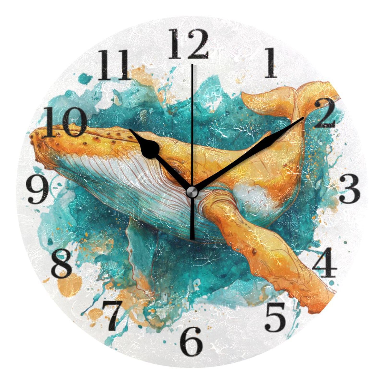 Ensound Orange Whale Wall Clock Silent Non-Ticking Battery Operated Clocks 12 Inch for Kitchen Home Living Room