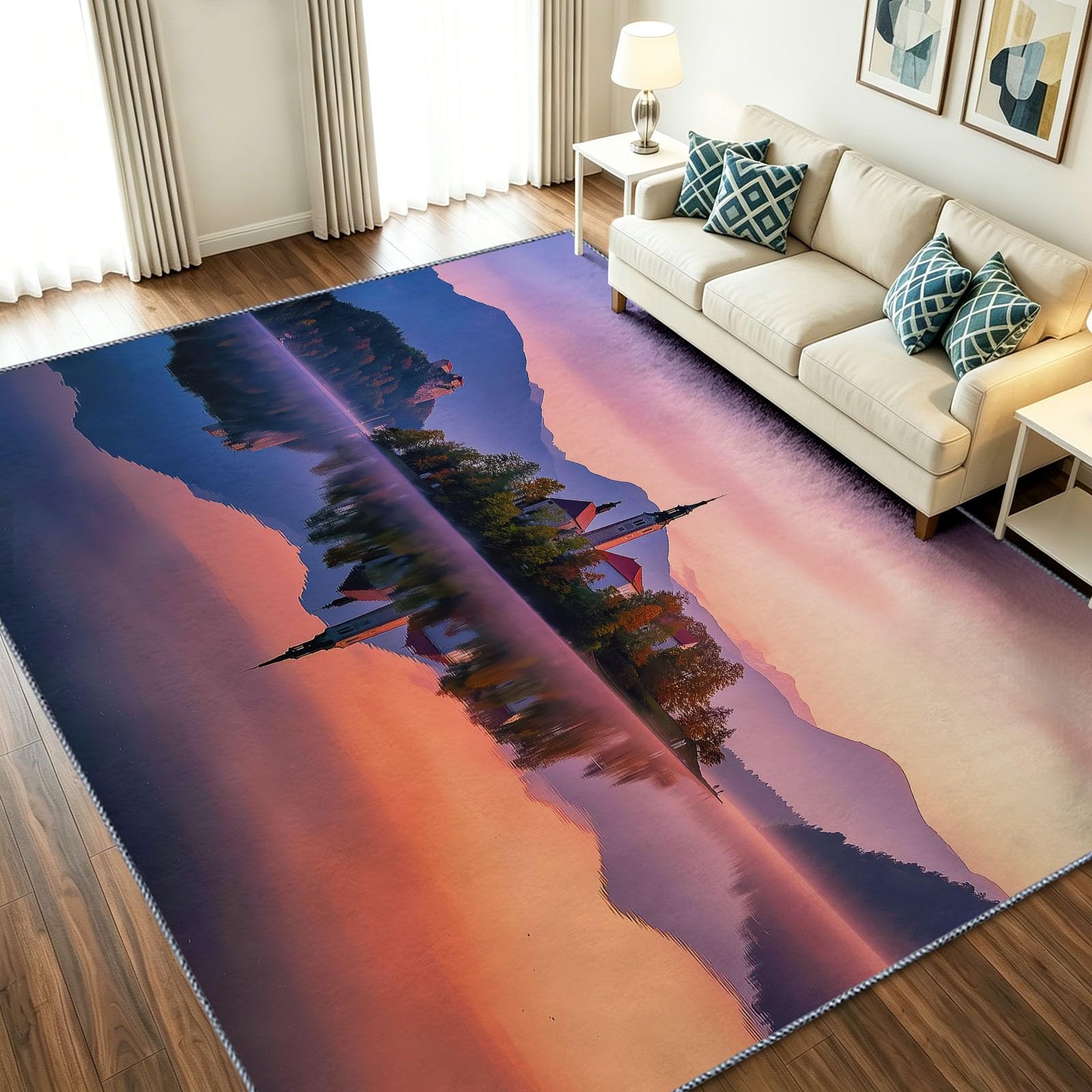 Alfombra Salón Esponjosa 120 x 170 cm Natural Paisaje, Moqueta de dormitorio antideslizante lavable – Ultra suave con cerdas Ras, Castillo Isla Lago Puesta de sol – Gran alfombra para interior comedor