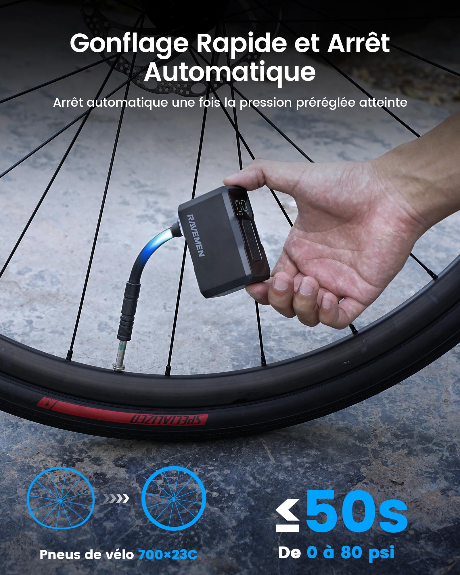 RAVEMEN EP01 Mini Pompe à Vélo électrique, Pression Max 120 PSI Pompe à Pneus de Vélo électrique Portable, avec indicateur de Pression et arrêt Automatique Compatible avec Presta & Schrader valves
