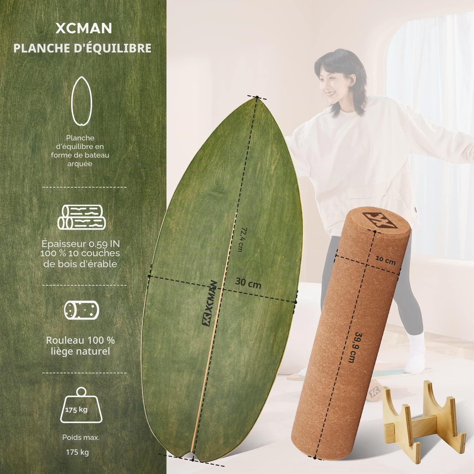 XCMAN Planche d'équilibre de Surf avec Rouleau en Bois - pour Adultes et Enfants - Planche d'équilibre pour Surf, Snowboard, Skateboard, Hockey, Yoga