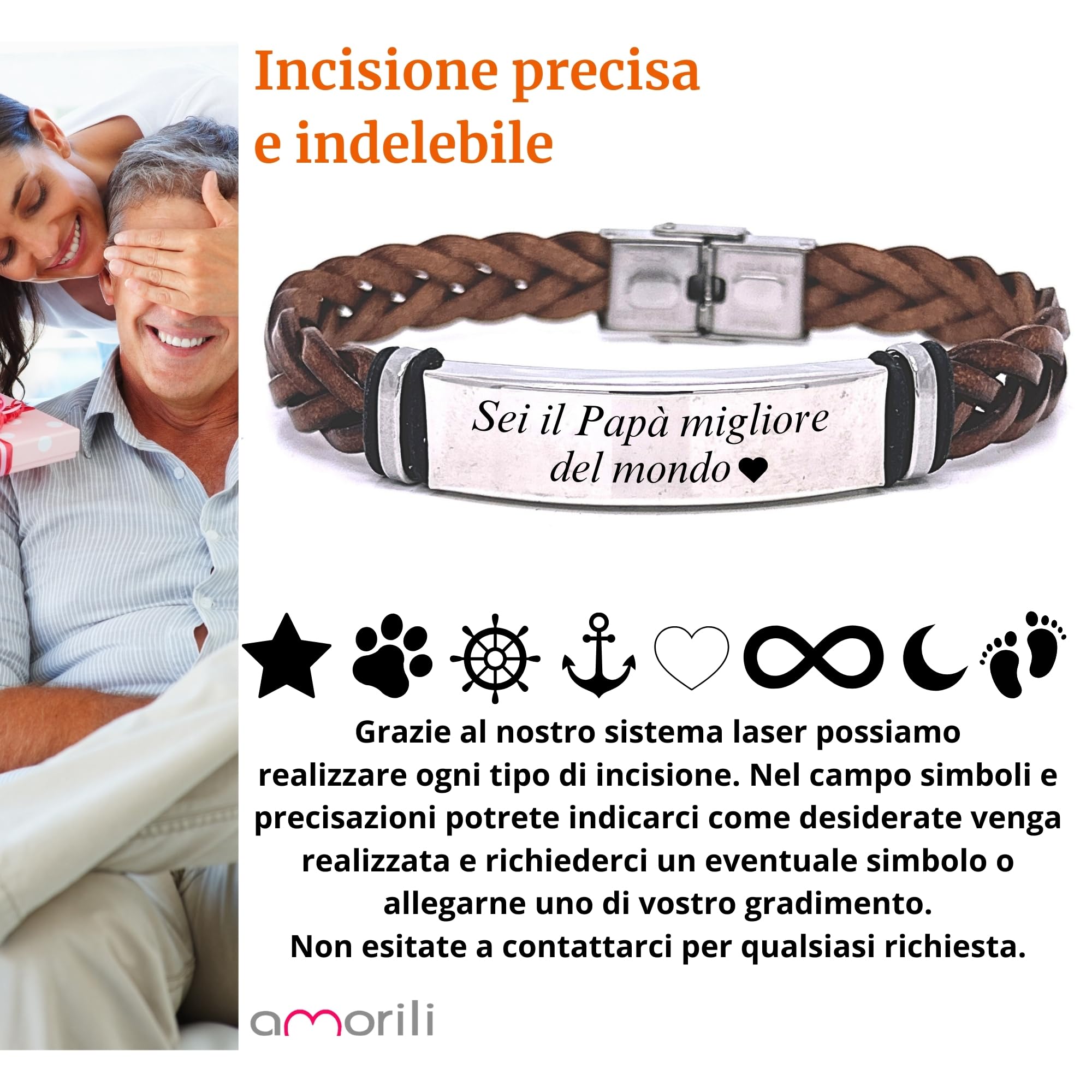 Bracciale Uomo in Pelle Intrecciata con Piastra in Acciaio Inox Personalizzabile | Incisione Nome Data Frase | Idea Regalo Elegante per Fidanzato Marito Papà bcc2705
