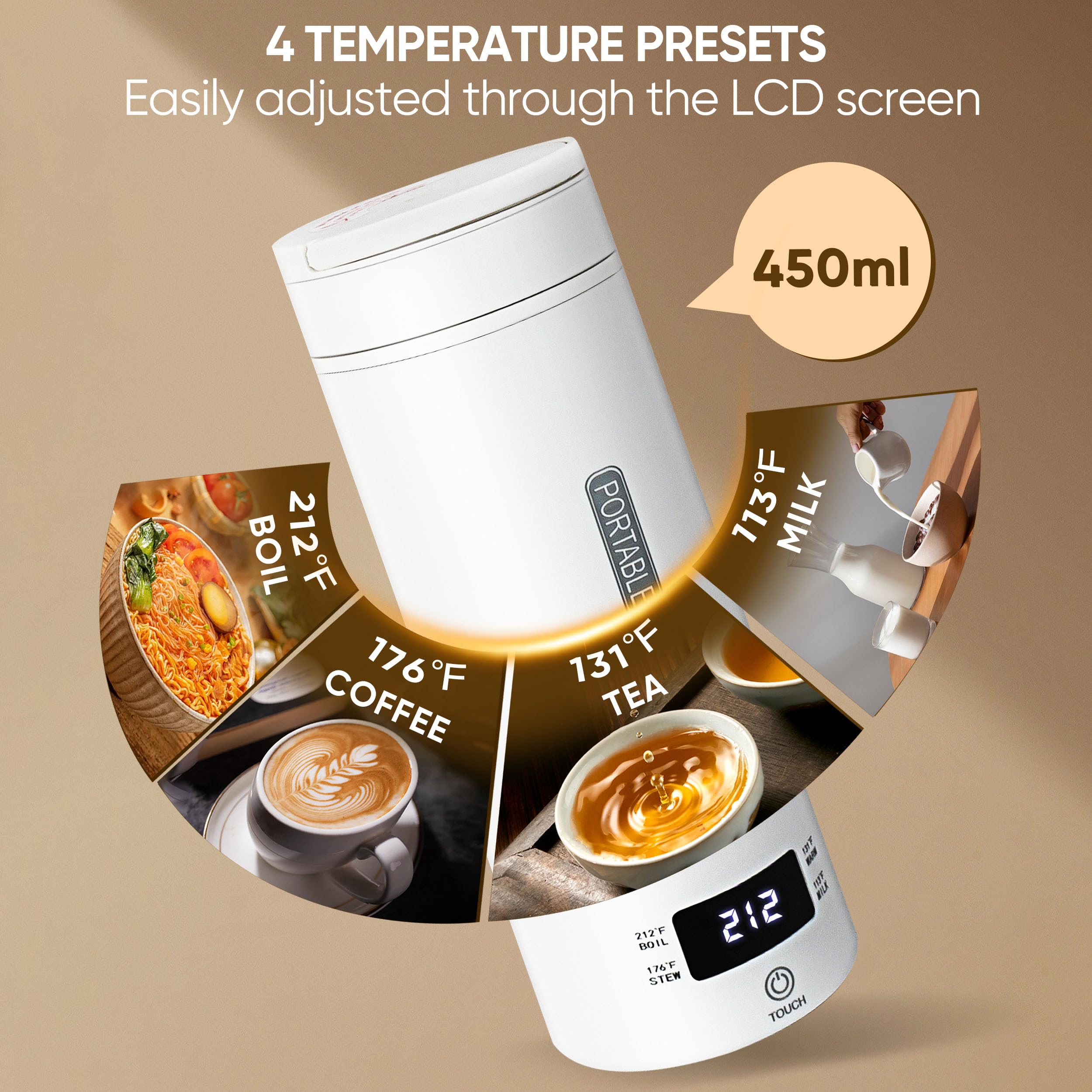 Hervidor eléctrico de viaje, calentador de agua caliente inteligente portátil, calentador de té y café, 15.2 fl oz, acero inoxidable 316, 4 controles de temperatura, pantalla LCD, agua hirviendo 4