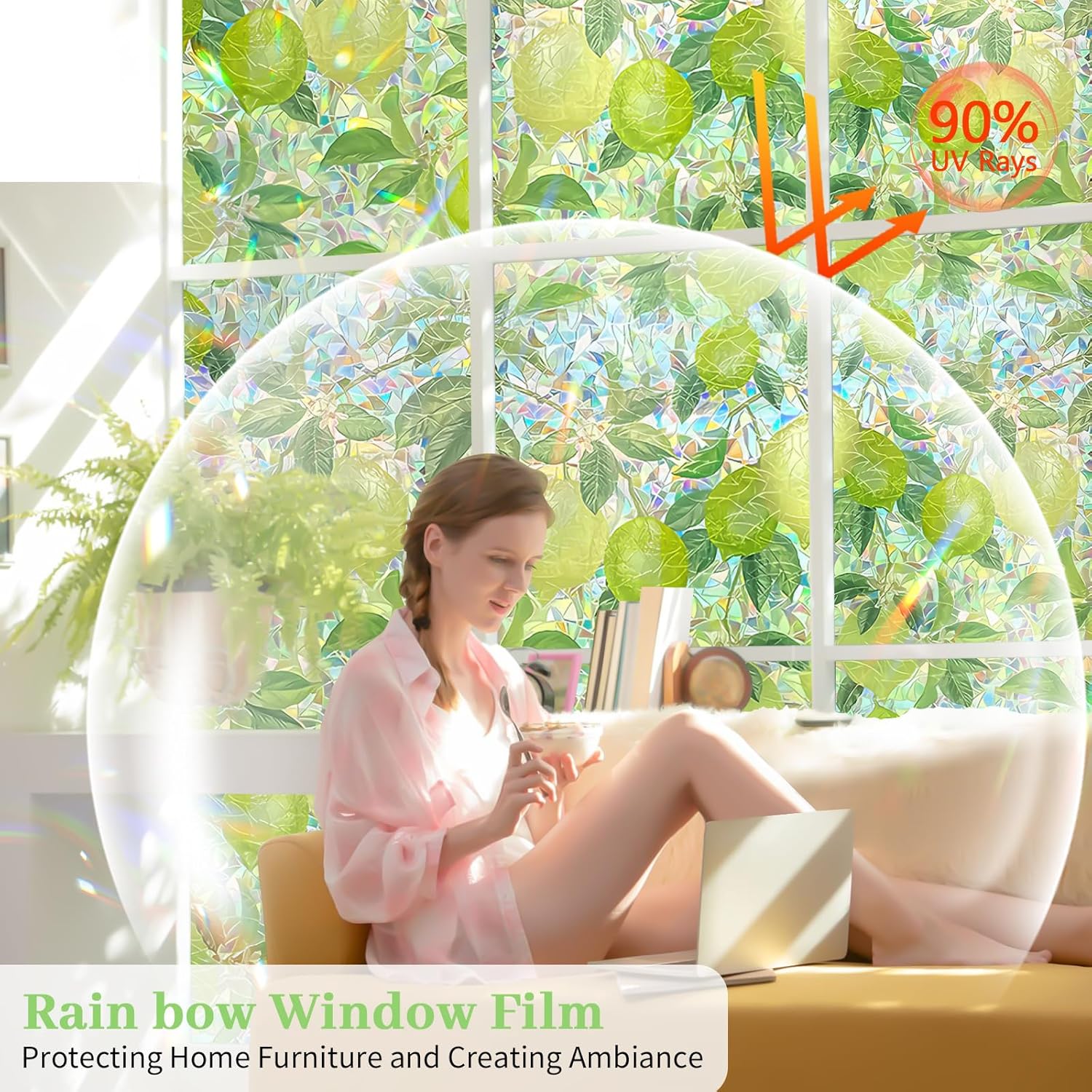 Window Privacy Film Stained Glass Rainbow Window Film with Installation Kits, 3D Static Cling Decorative Windows Decals, UV Blocking & Heat Control Non-Adhesive (Lemon, 23.6"x78.7")