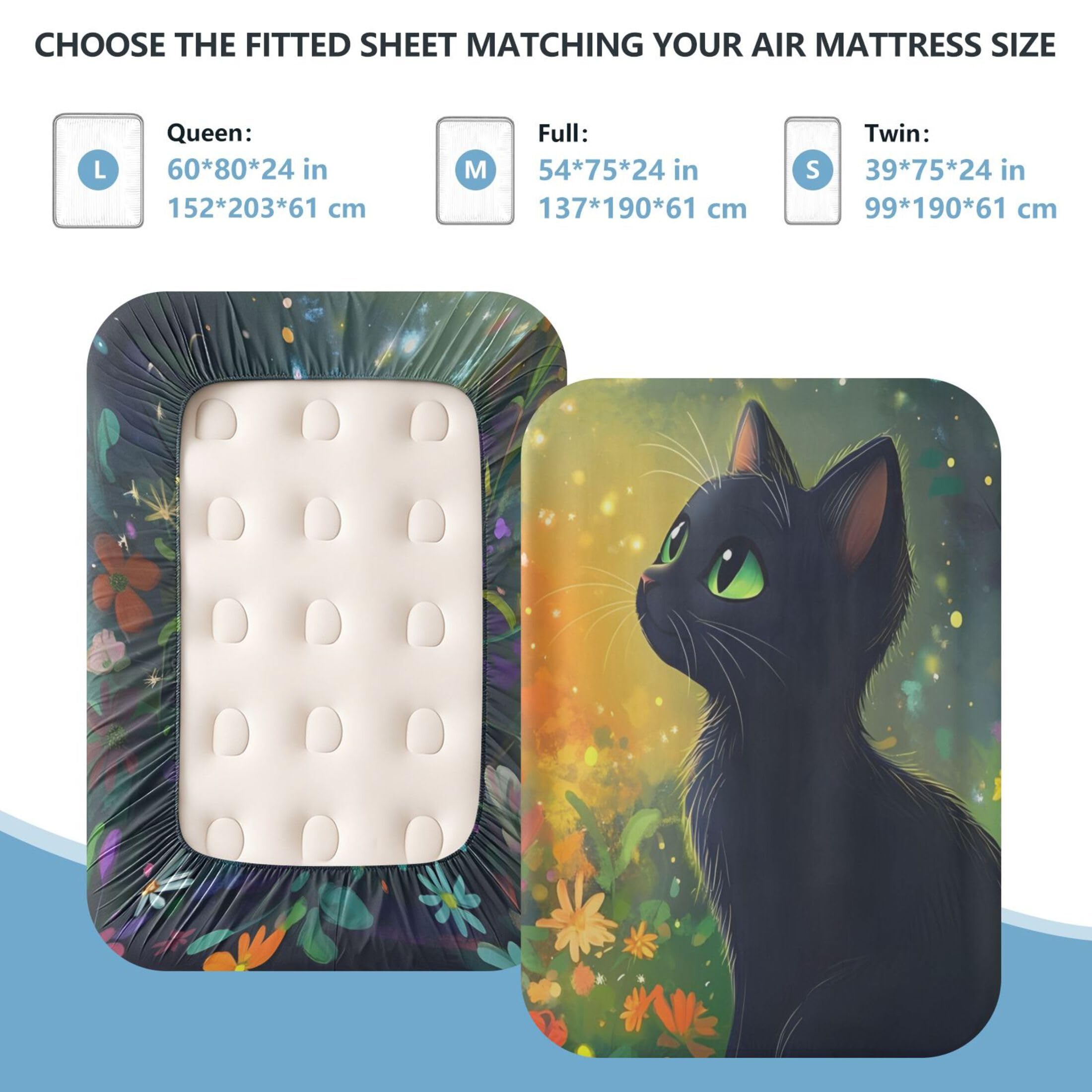 Lindo gato negro individual sábana bajera ajustable para colchón de aire, bolsillo extra profundo de 24 pulgadas, funda suave transpirable con apertura de válvula de cremallera para cama de