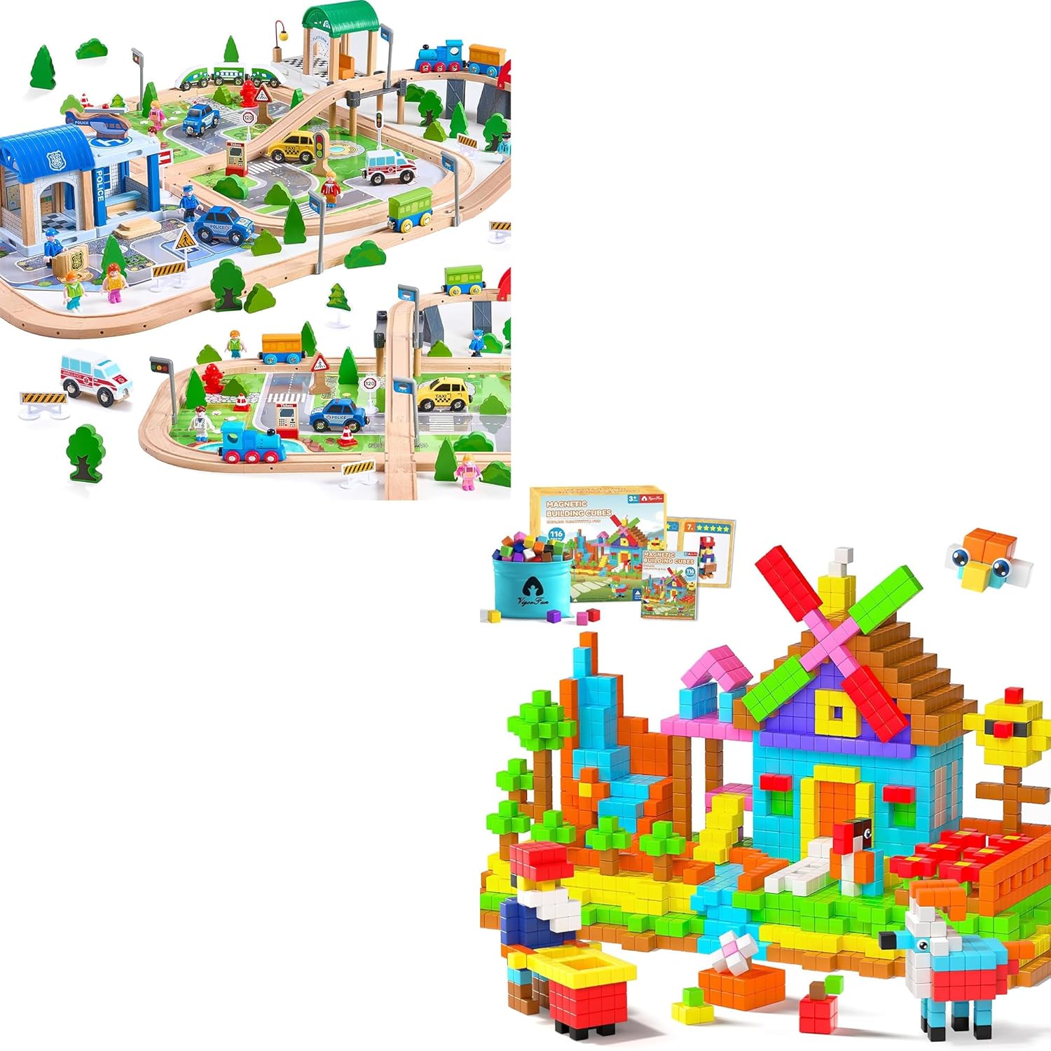 172Pcs Wooden Train Set for Toddlers & 116 PCS Magnetic Blocks Set (Bright Color)
