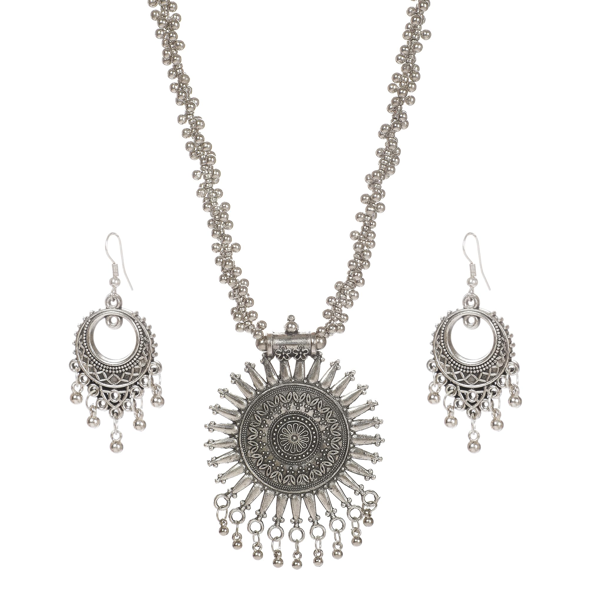 Oxidized necklace with sunburst-style pendant