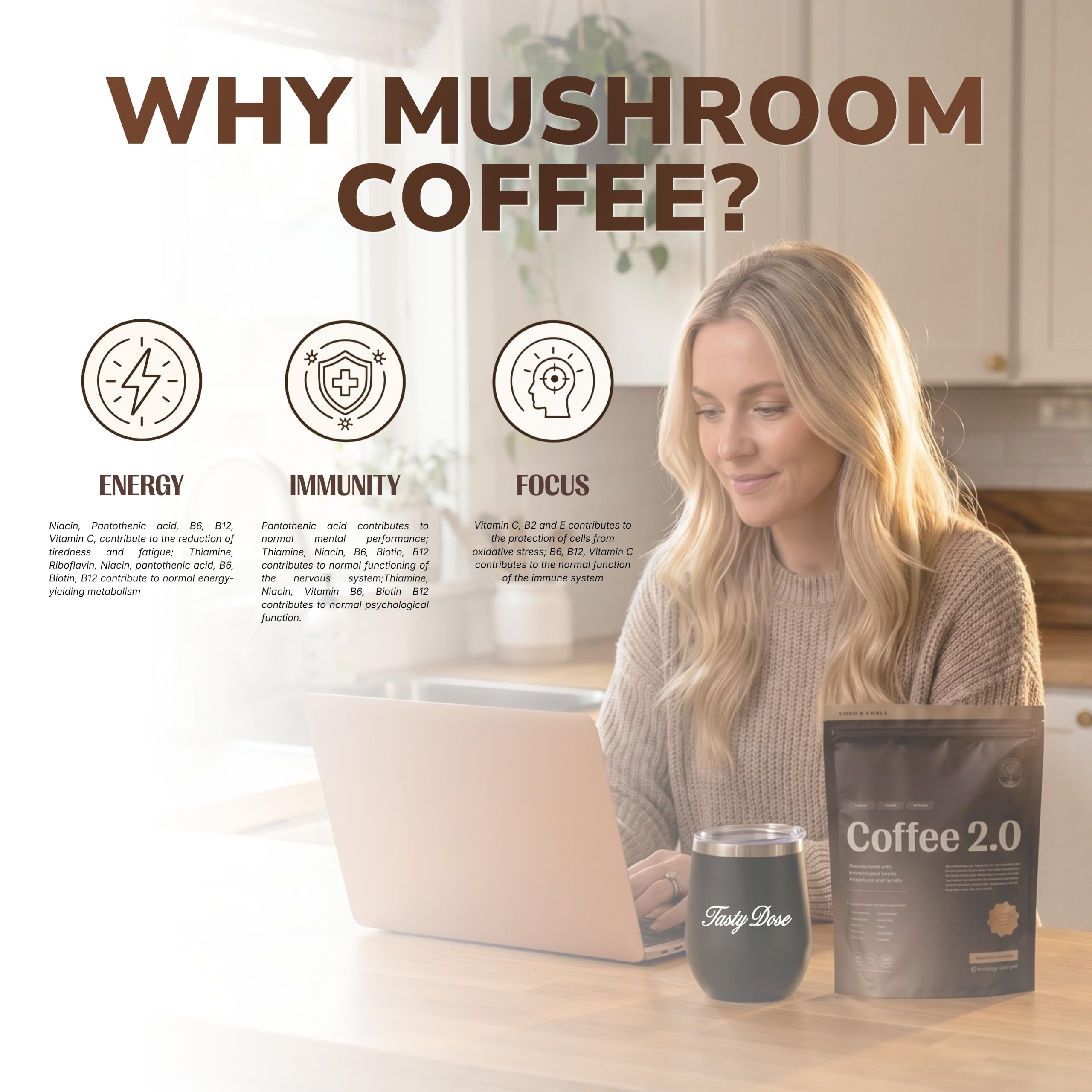 Tasty Dose 's Coffee 2.0 Dark Roast 2 Funghi Vitali (Lion's Mane, Cordyceps) + Ashwagandha + L-Teanina, Integratore Alimentare, Caffè Funghi Instant con MCT, 38 Porzioni, 210g