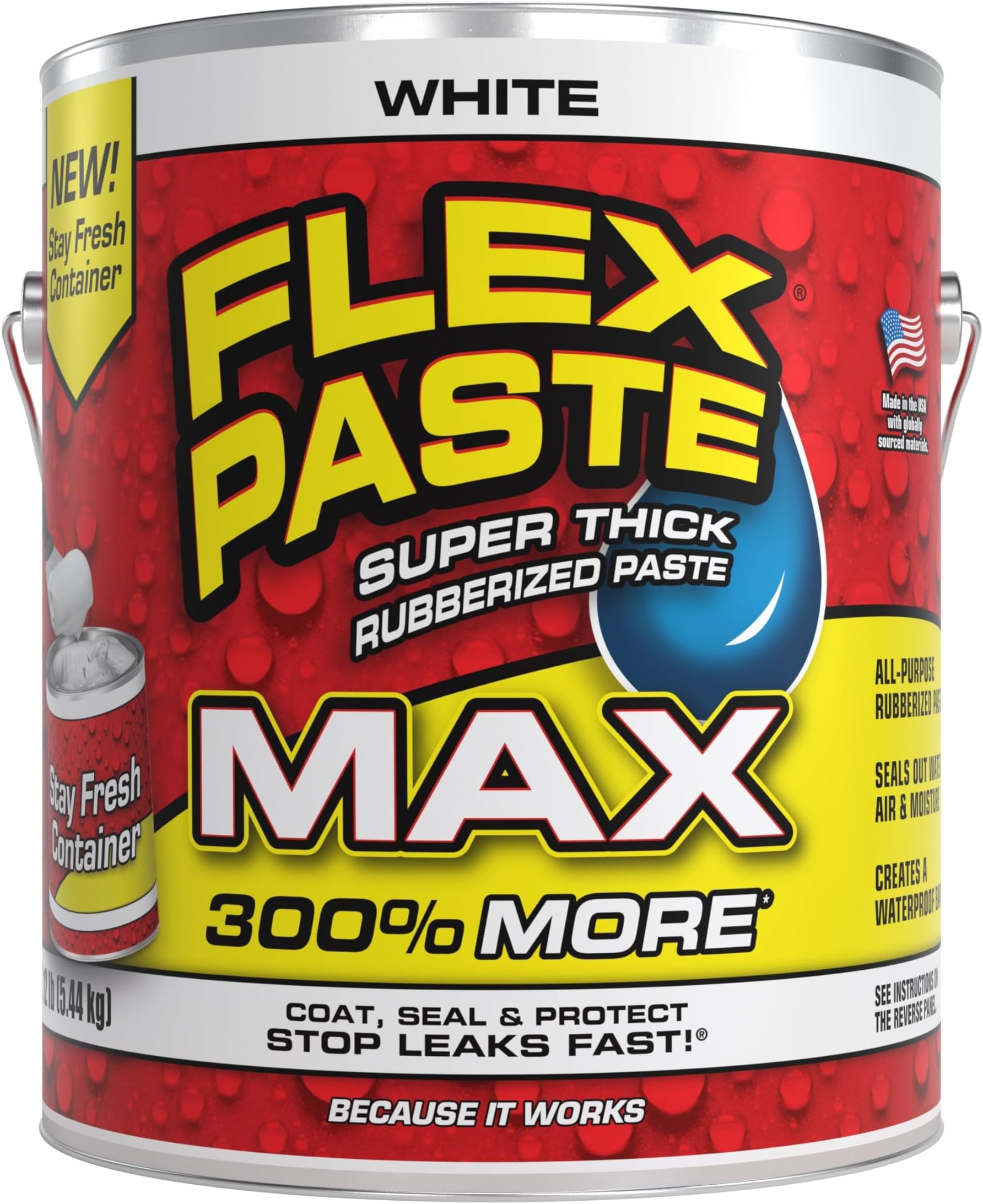 MAX, 12 lb Can, White, Waterproof Paintable Putty, Spackle Sealant, Fill Gaps Cracks Holes - Block Out Water and Air - UV Resistant - Walls, Drywall, EPDM, Concrete, Roof, RV Repairs