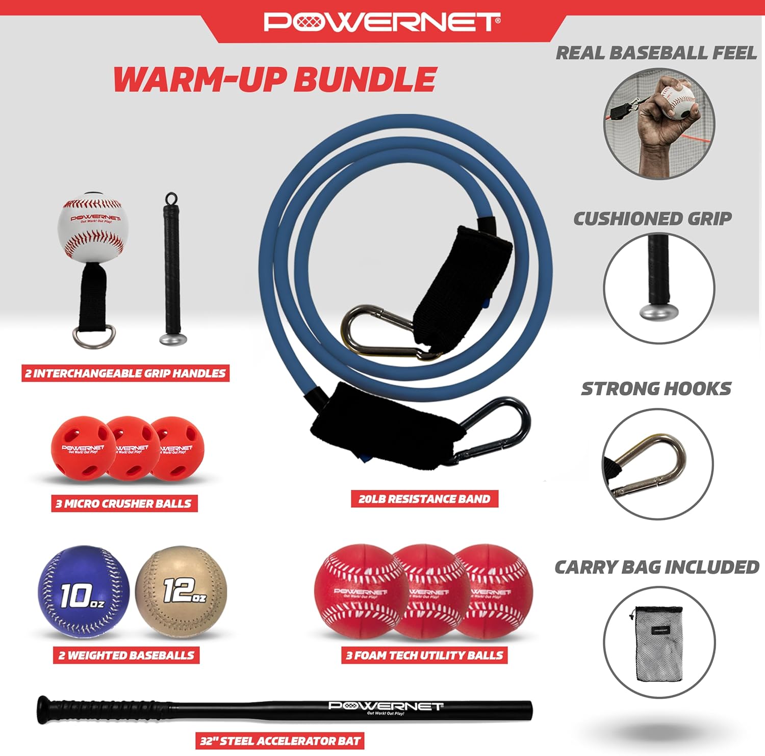 PowerNet Warm-Up Bundle, Resistance Band with 3 Different Grips, 2 Weighted Baseballs, 3 Micro Crushers, 3 Foam Tech Utility Training Balls & Bat Accelerator, Softball & Baseball Training Equipment