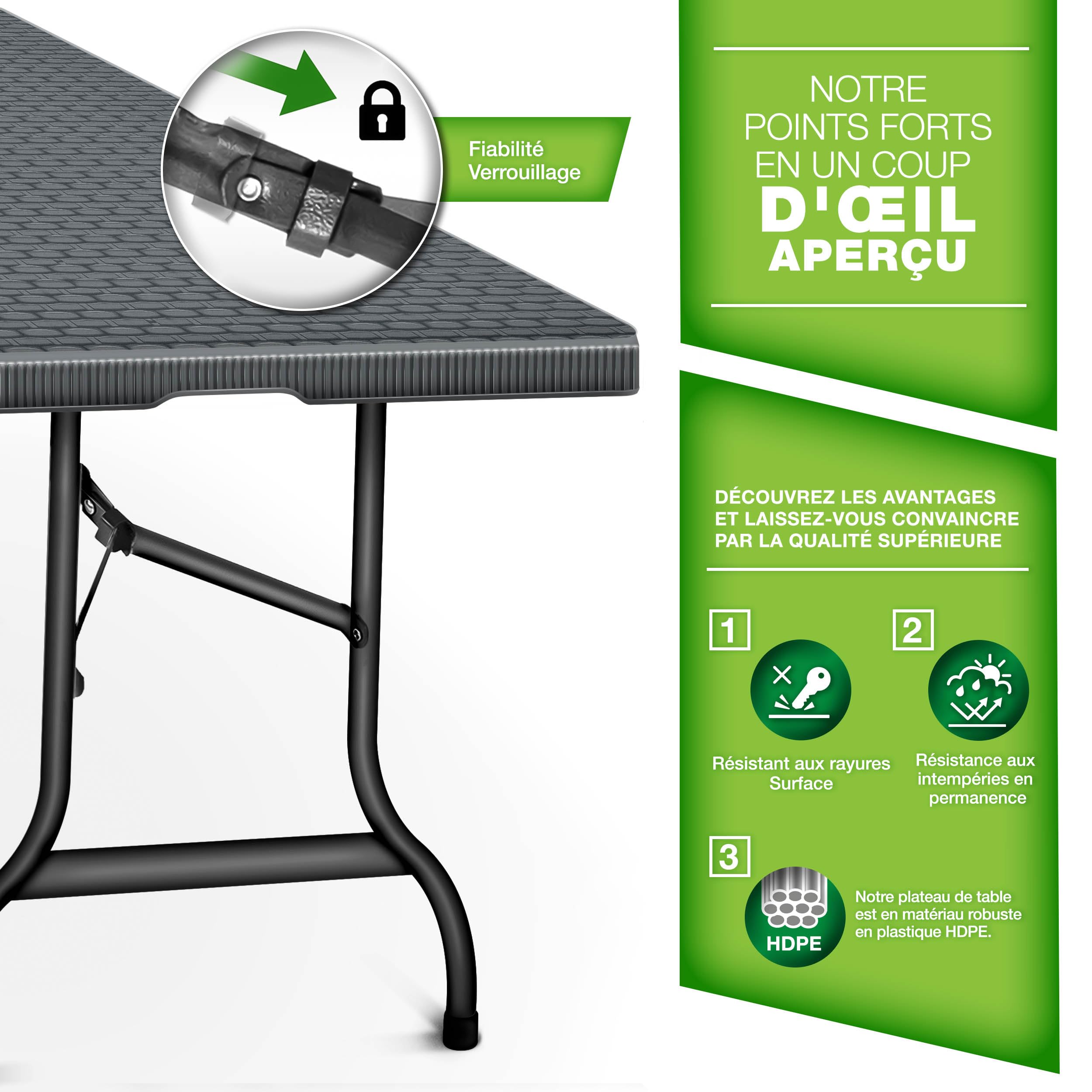 tillvex Table de jardin pliante esthétique rotin 180x75cm | Table de buffet avec poignée de transport | Table pliante pour jardin, terrasse et balcon pour 6 personnes (marron)