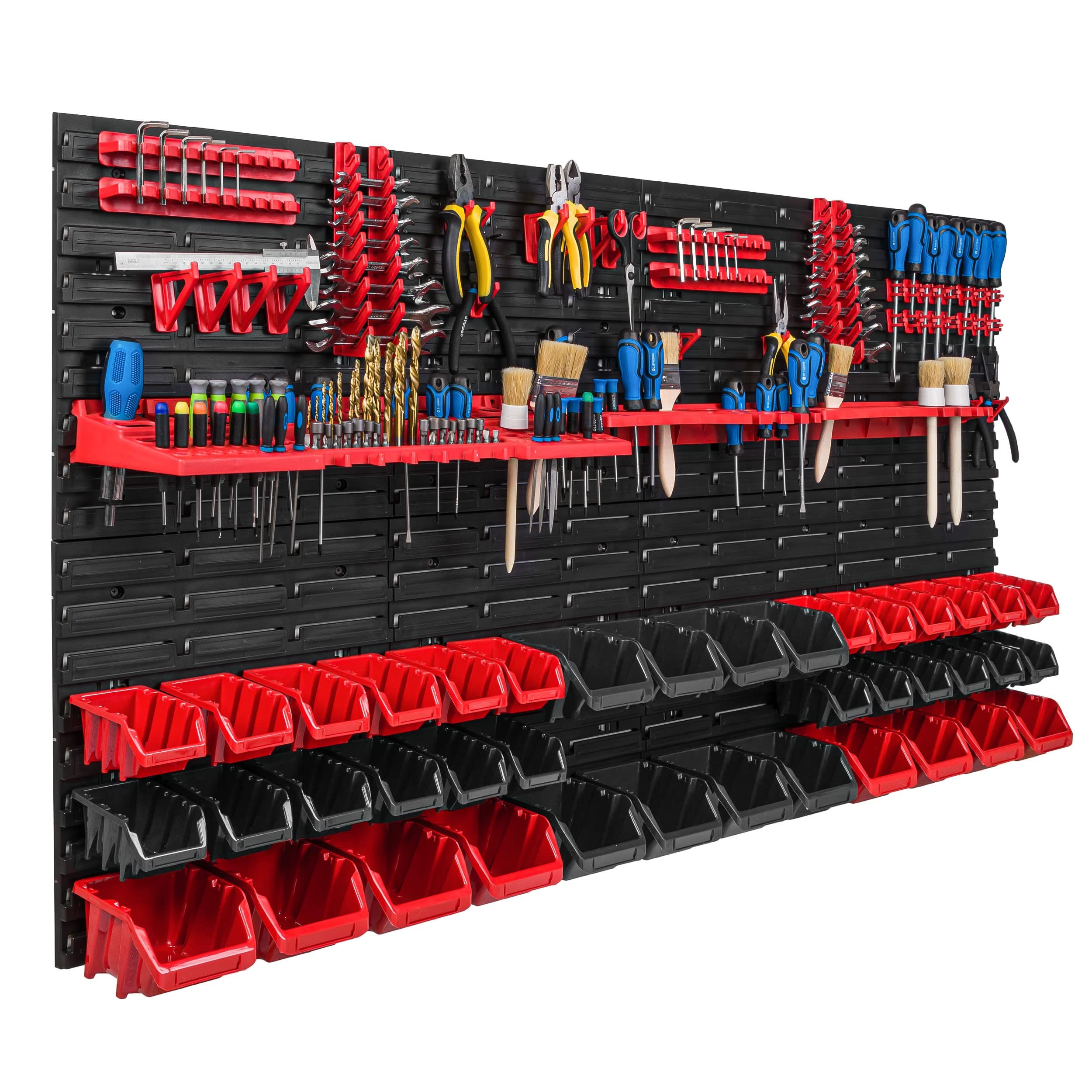 Sistema de almacenamiento para taller, 156 x 78 cm, 40 unidades, estantería de pared con soportes para herramientas y cajas apilables, placas de pared extrafuertes, estantería para herramientas