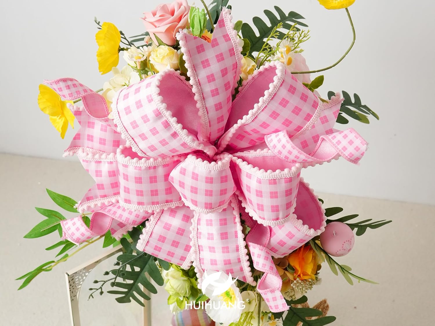 HUIHUANG Pink and White Gingham Easter Ribbon with Snowball Edge 2.5 Inch Wide 10 Yards Wired Dupioni Ribbons for Easter Basket Bunny Decor Floral Wreath Gift Wrap Holiday Event Decorations