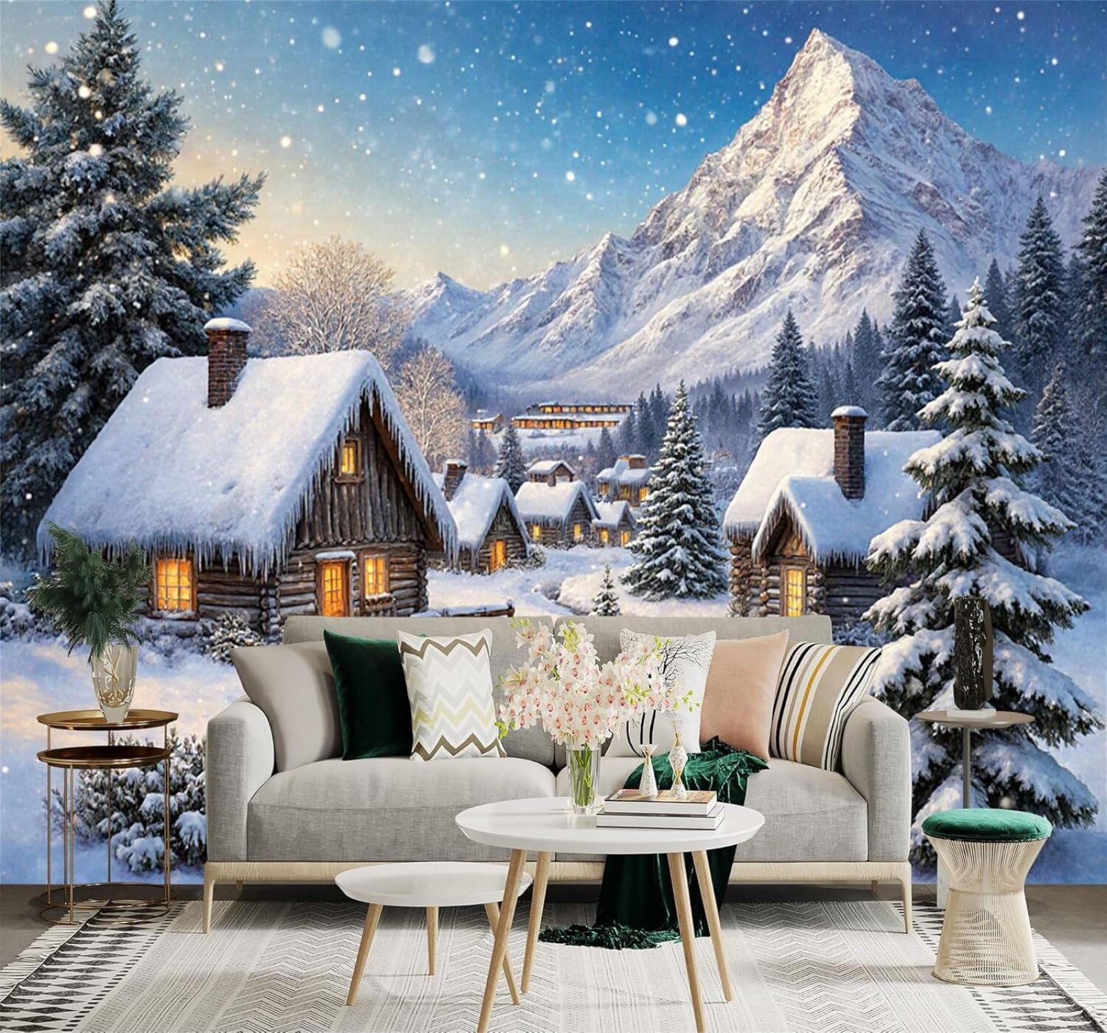 Xlming 250Cm×170Cm(B×H) Snowy Mountain Village Log Cabin Pine Trees Mountain Peaks Winter Scenery 3D Wallpaper Silky Texture Home Study Office Grey Dining Room Sofa Bedroom Living Room Tv Backdrop-250Cm×170Cm