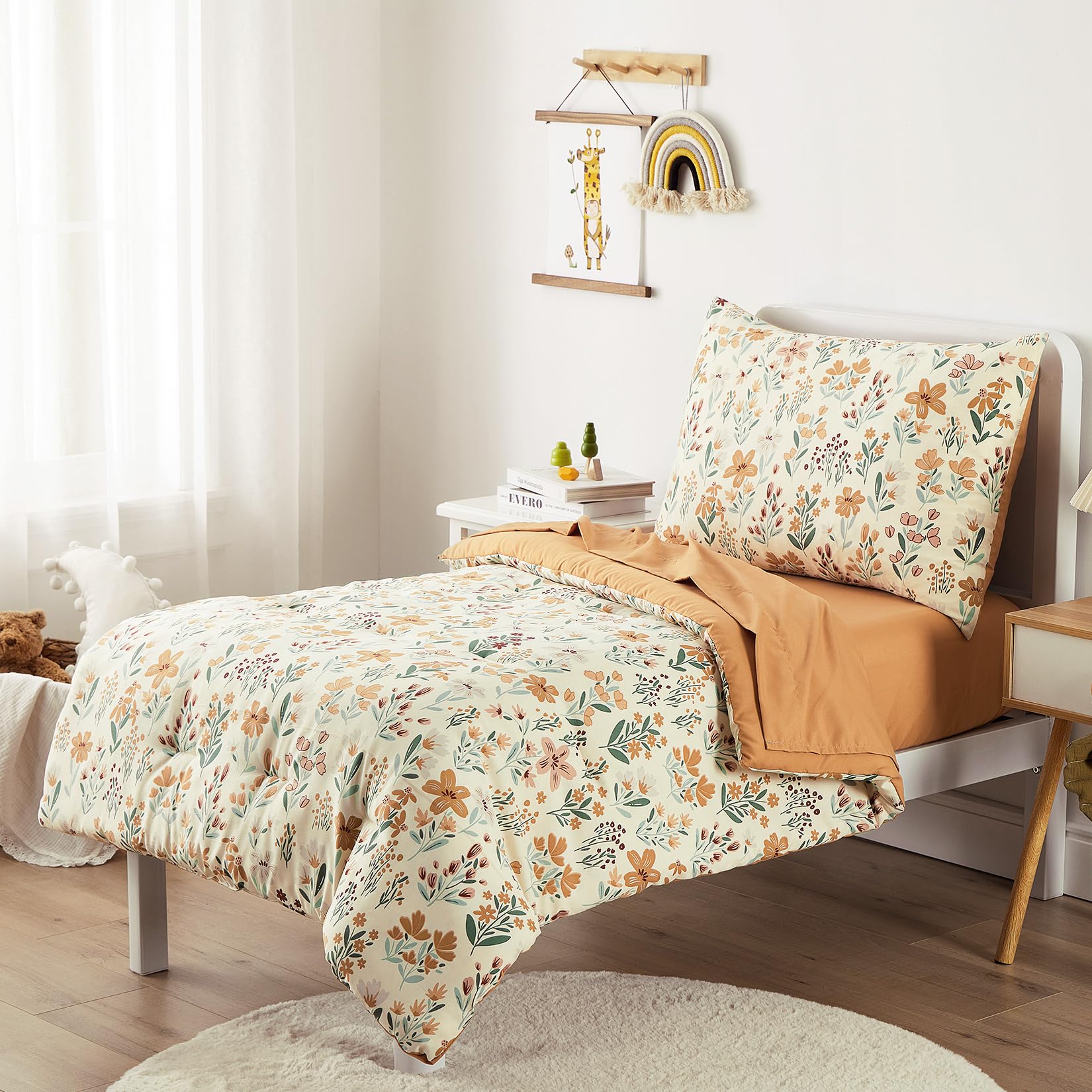 Wake In Cloud - Floral Toddler Bedding Set for Girls, Cute Colorful Botanical Flowers, 4 Pieces Soft Crib Bed Set Including Comforter, Sheets and Pillowcase, Orange Cream