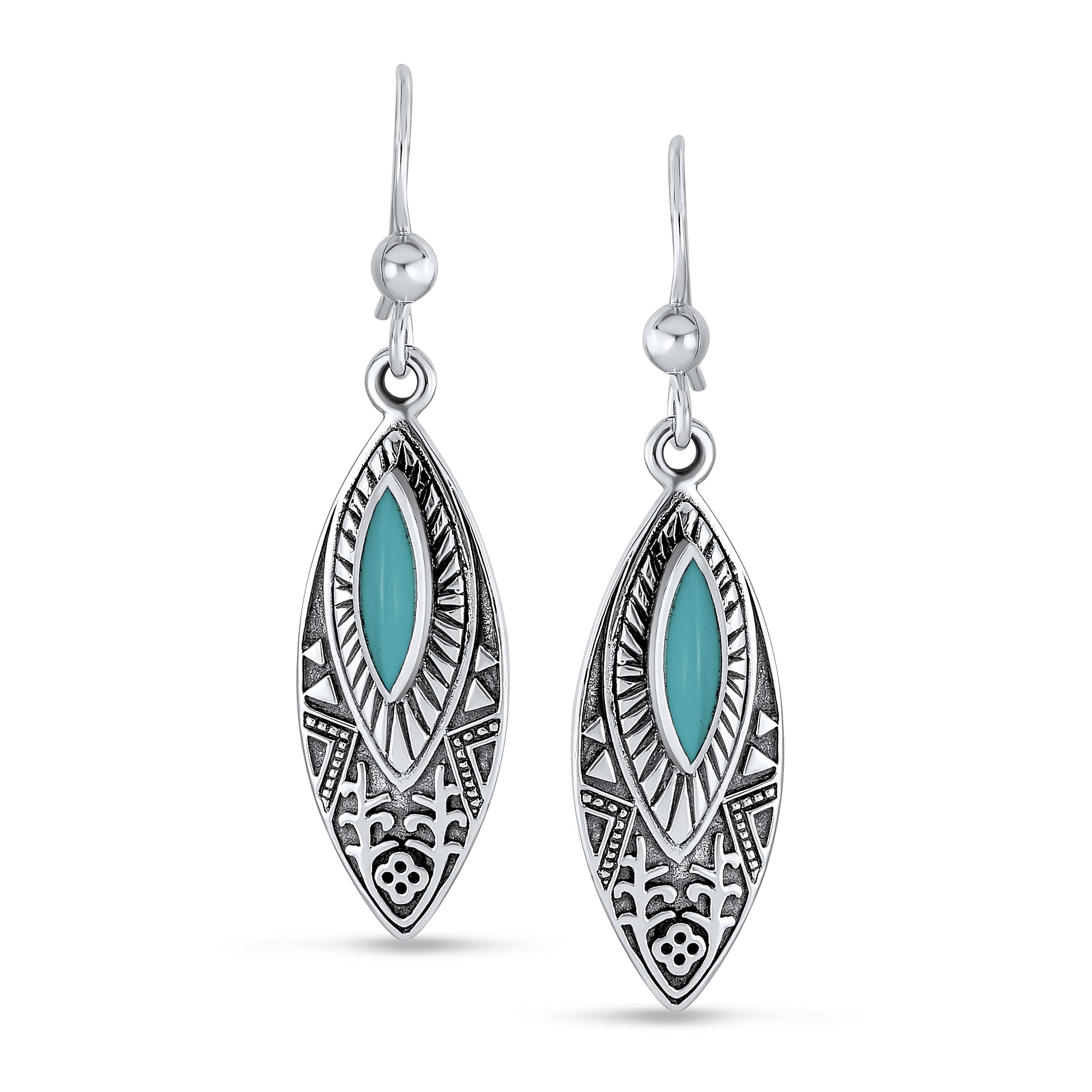 Pendientes Colgantes De Estilo Boho Nativo Americano Con Forma De Hoja De Plumas Y Piedra Preciosa Turquesa Azul En Forma De Marquesa Joyería Occidental Cierre De Palanca En Plata Oxidada De Ley .925