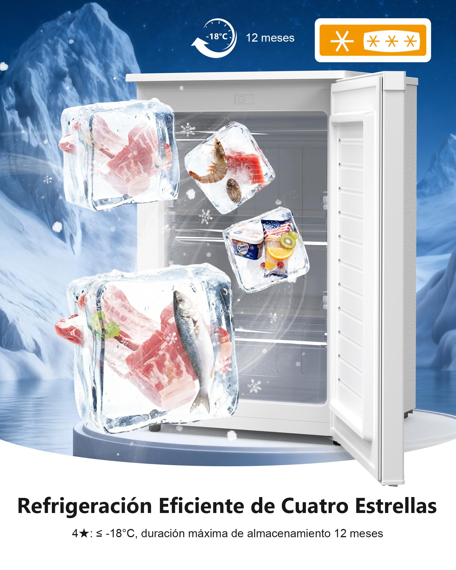 Upstreman 98L Congelador, Arcongelador con 3 Cajones, Enfriamiento de Cuatro Estrellas, Compacto Congelador con Cajones, UF98-Blanco