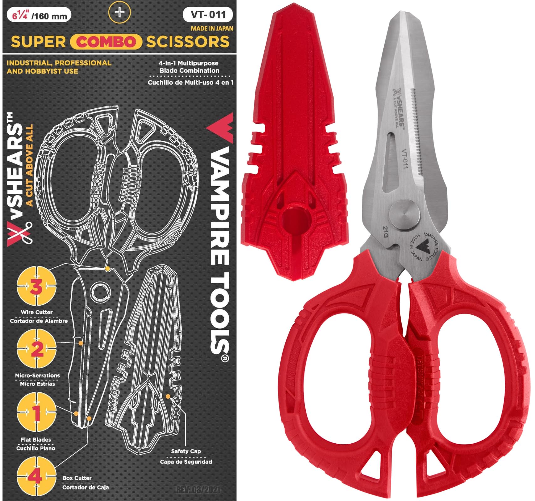 6.3" Multi-purpose Utility Scissors. Made in Japan. 4-in-1 Combination Blades. Heavy Duty Shears Cuts Carpet, Leather, Copper Wire, Insulated Cable, Cords, Rope & More
