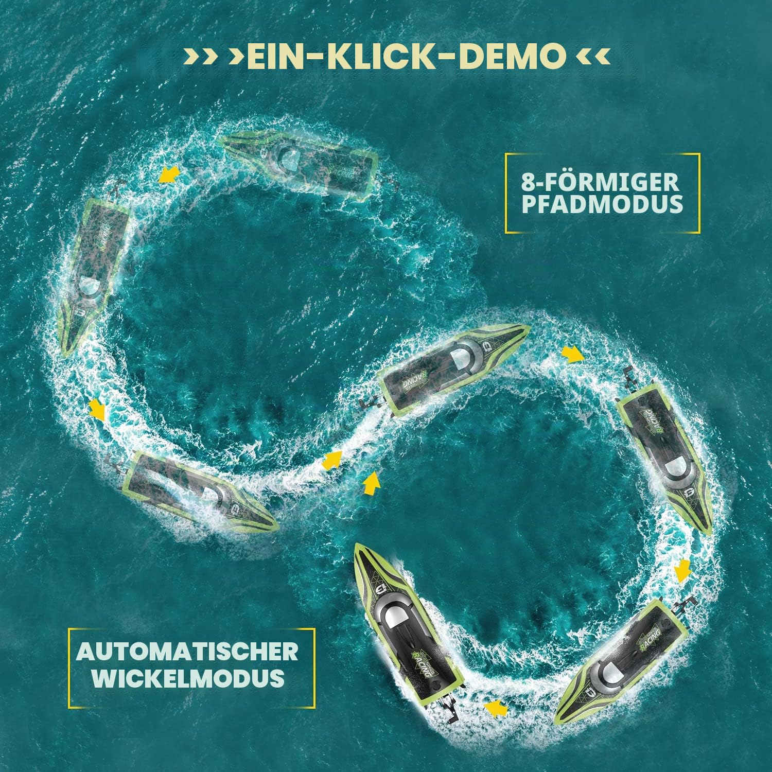 DEERC RC Boot mit LED-Licht, ferngesteuertes, für Pools und Seen, 20+ km/h, 2,4-GHz-Rennboote mit 2 Batterien, Poolspielzeug für Kinder, ferngesteuertes Wasserfahrzeug (Grün)