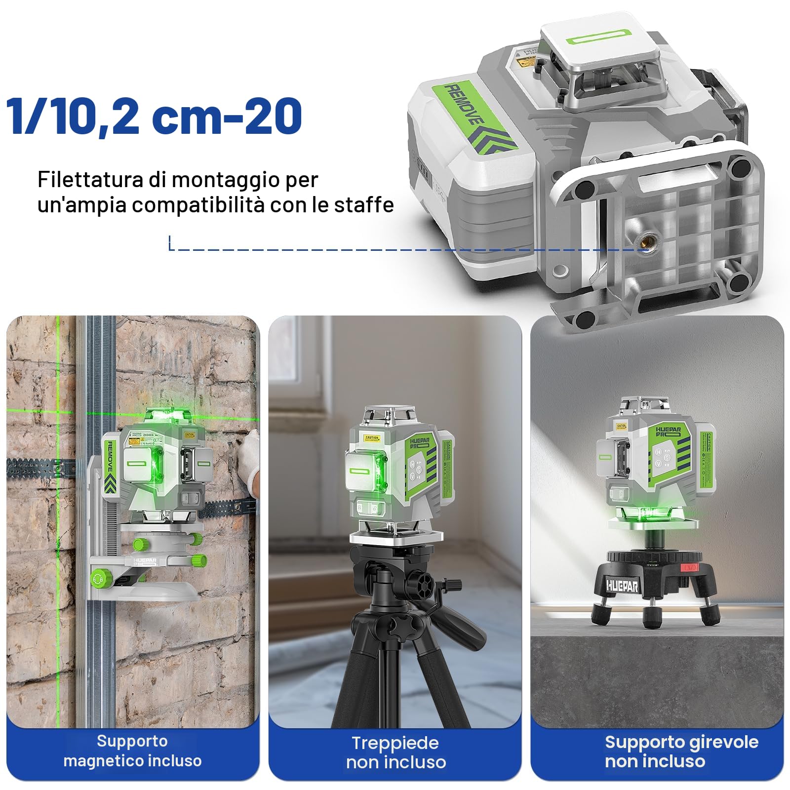 Huepar Pro Livella Laser Autolivellante Professionale 16 Linee, 4 X 360° Livello Laser Verde, Preciso Con Batteria agli Ioni di Litio da 8000mAh, Supporto Multifunzione e Custodia Rigida ZK04CG