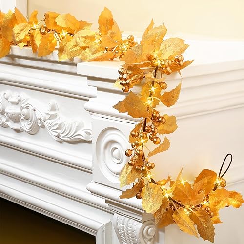 Syhood Guirnalda de bayas de Navidad de 6 pies, guirnalda de hojas de acebo iluminada para interiores, guirnalda artificial de otoño, decoración de