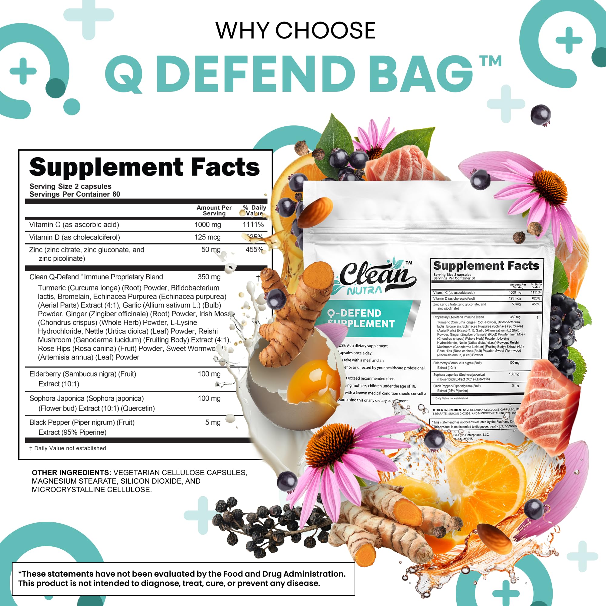 Q Defend Quercetin Supplement with Zinc Vitamin C Vitamin D Elderberry Turmeric Black Pepper Garlic Ginger Sea Moss Lysine Stinging Nettle Reishi Mushroom Immune Support 120 Capsules by Clean Nutra — Amazon image 4