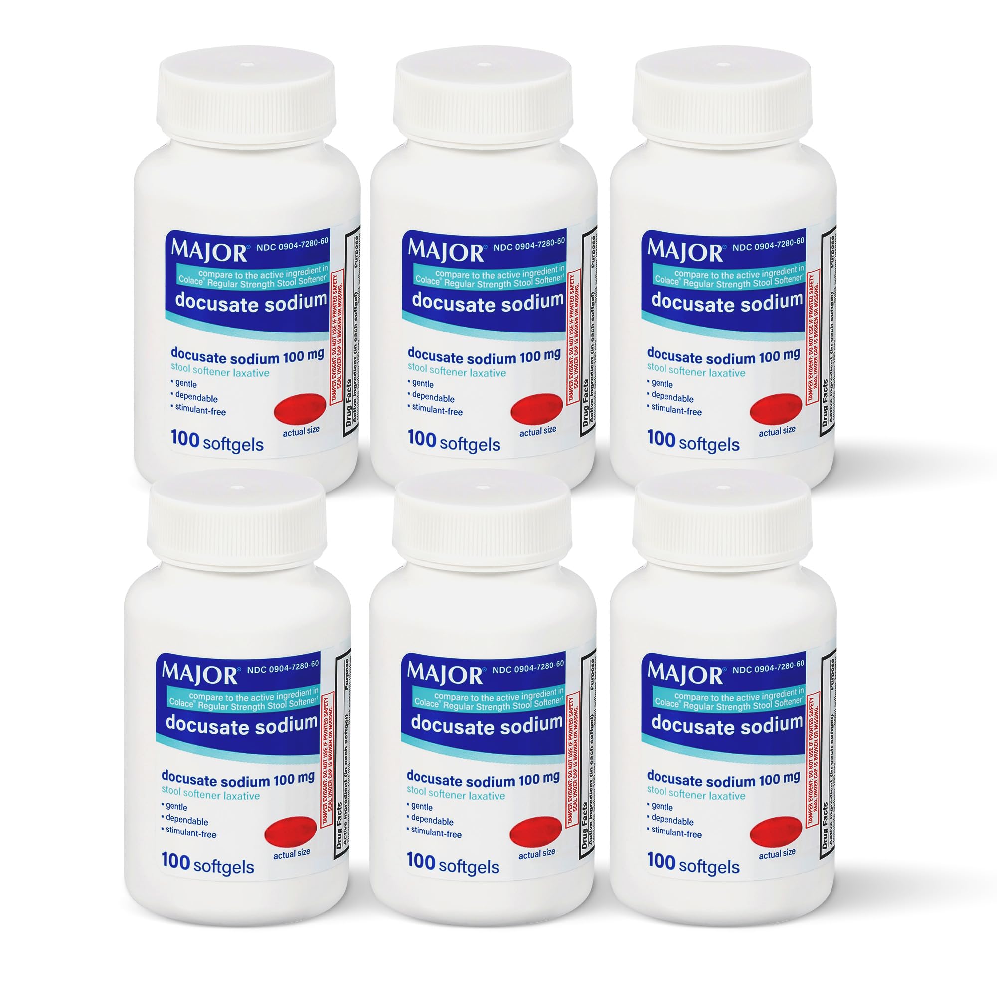 MAJOR Docusate Sodium 100mg Softgels, Stool Softener Laxative for Occasional Constipation Relief - Gentle, Dependable, Stimulant-Free, 100 Count (6-Pack)