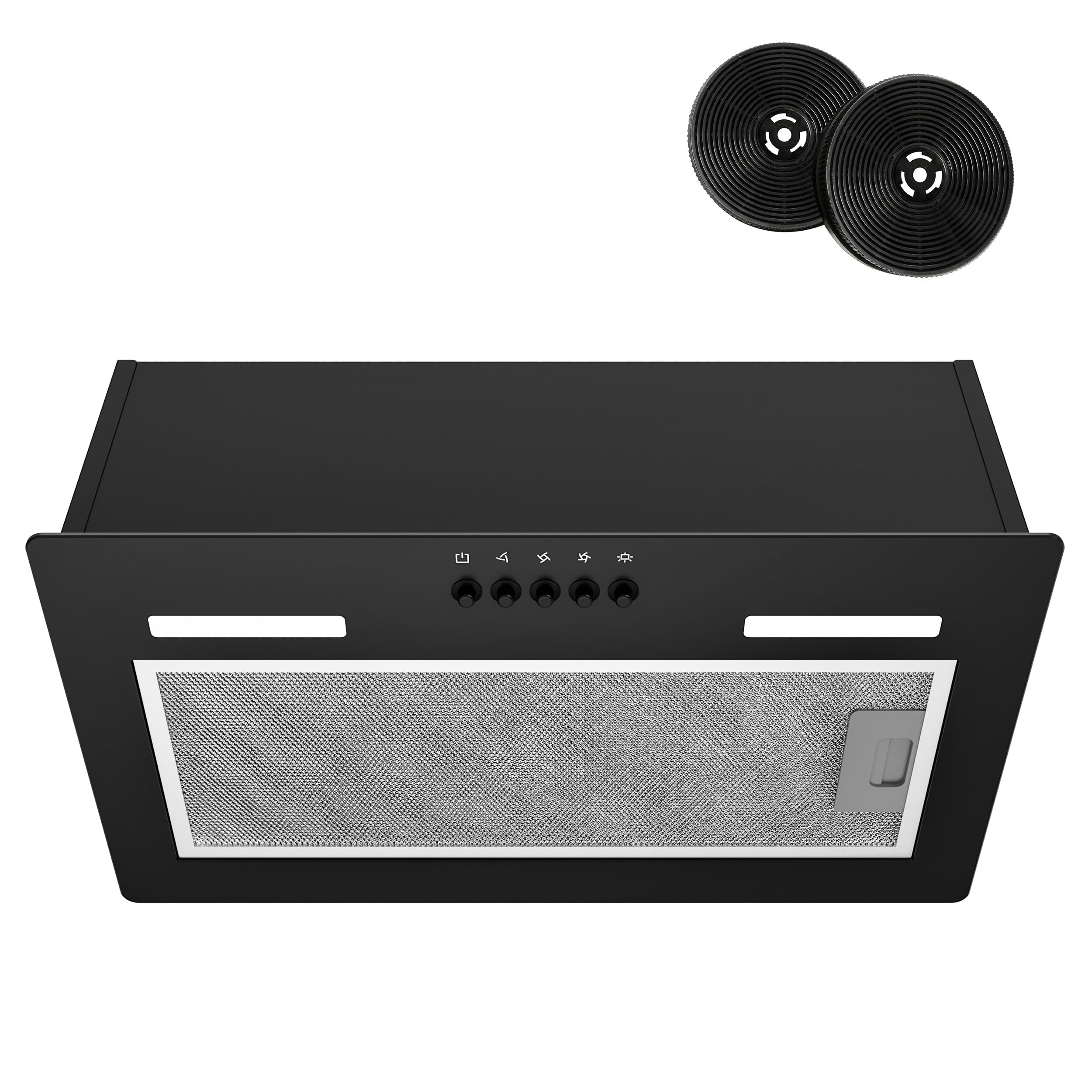 FIREGAS Campana Extractora Incorporada 52 cm,Campana de Cocina Negra con 3 Niveles de Potencia, 350 m³/h, Modo de Circulación de Aire, Filtro de Aluminio y Carbón