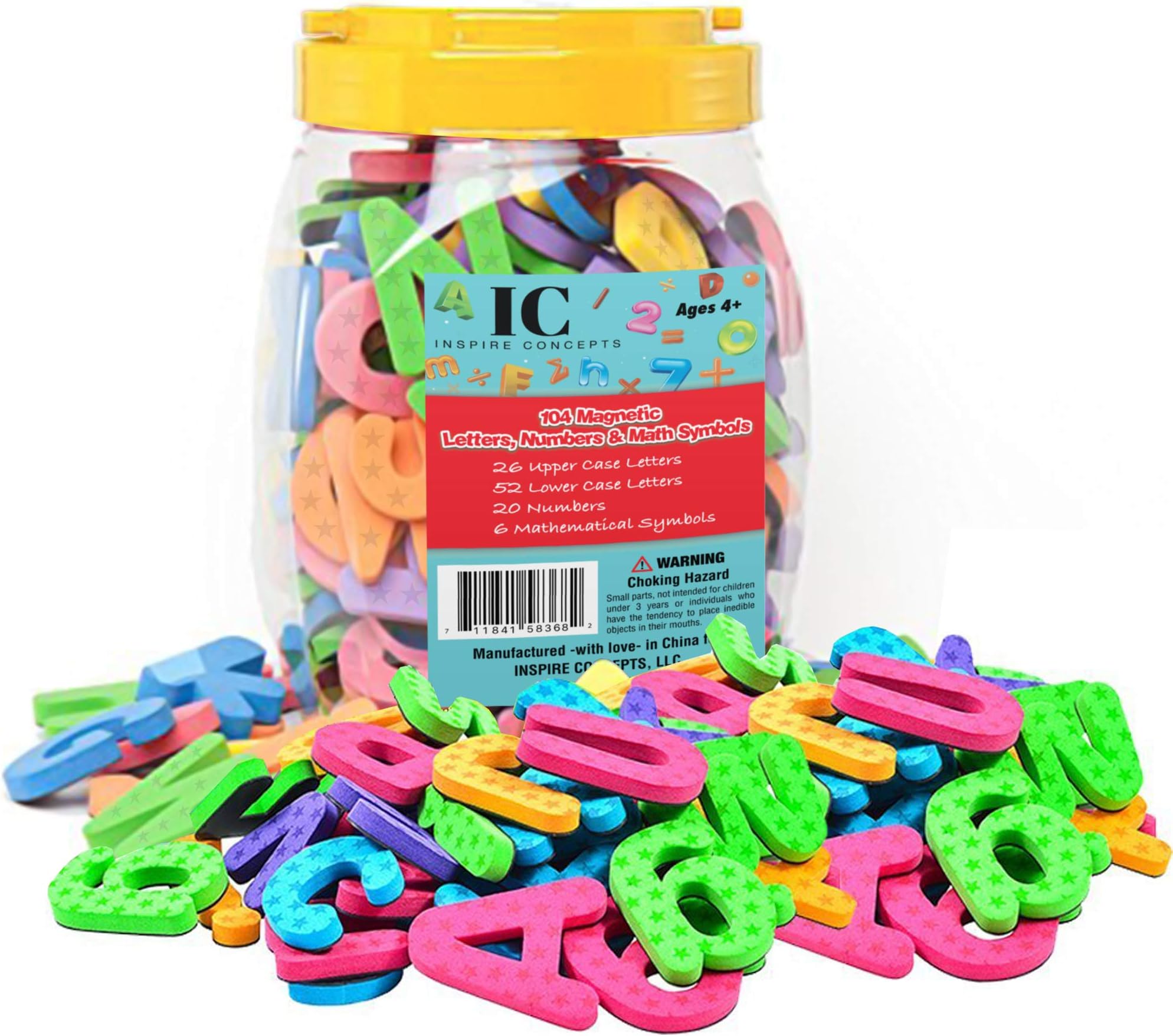 Inspire Concepts Magnetic Letters and Numbers 104 Educational Alphabet Refrigerator Magnets for Fun Learning| Uppercase, Lowercase and Math Symbols for Vocabulary, Sentence Building and Math