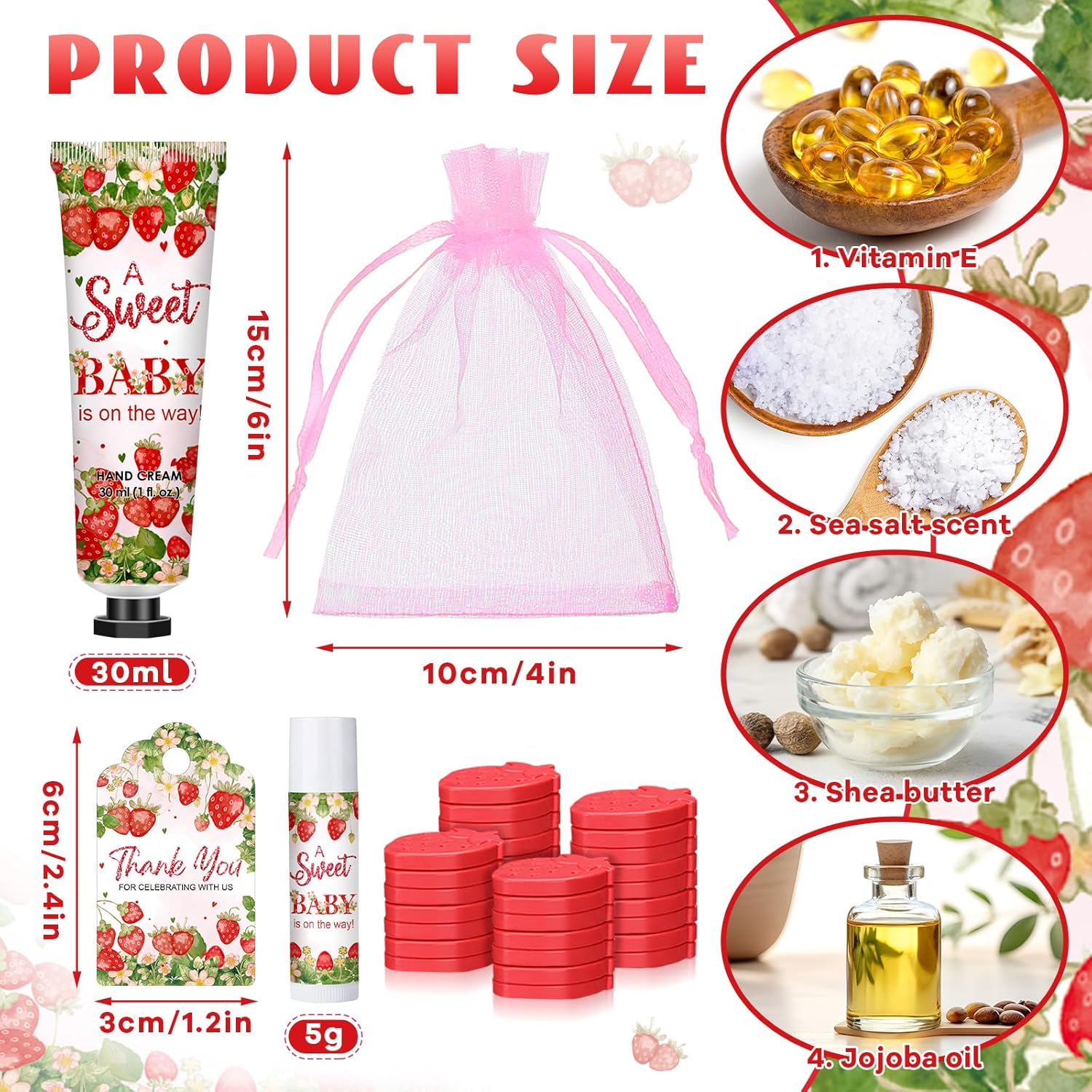 Loopeer 30 Set/150 Pcs Strawberry Baby Shower Favors for Guests Gifts Hand Cream Lip Balm Soap Party Favors Gifts Travel Size with Organza Bags, Thanks You Card for Baby Shower Birthday Wedding